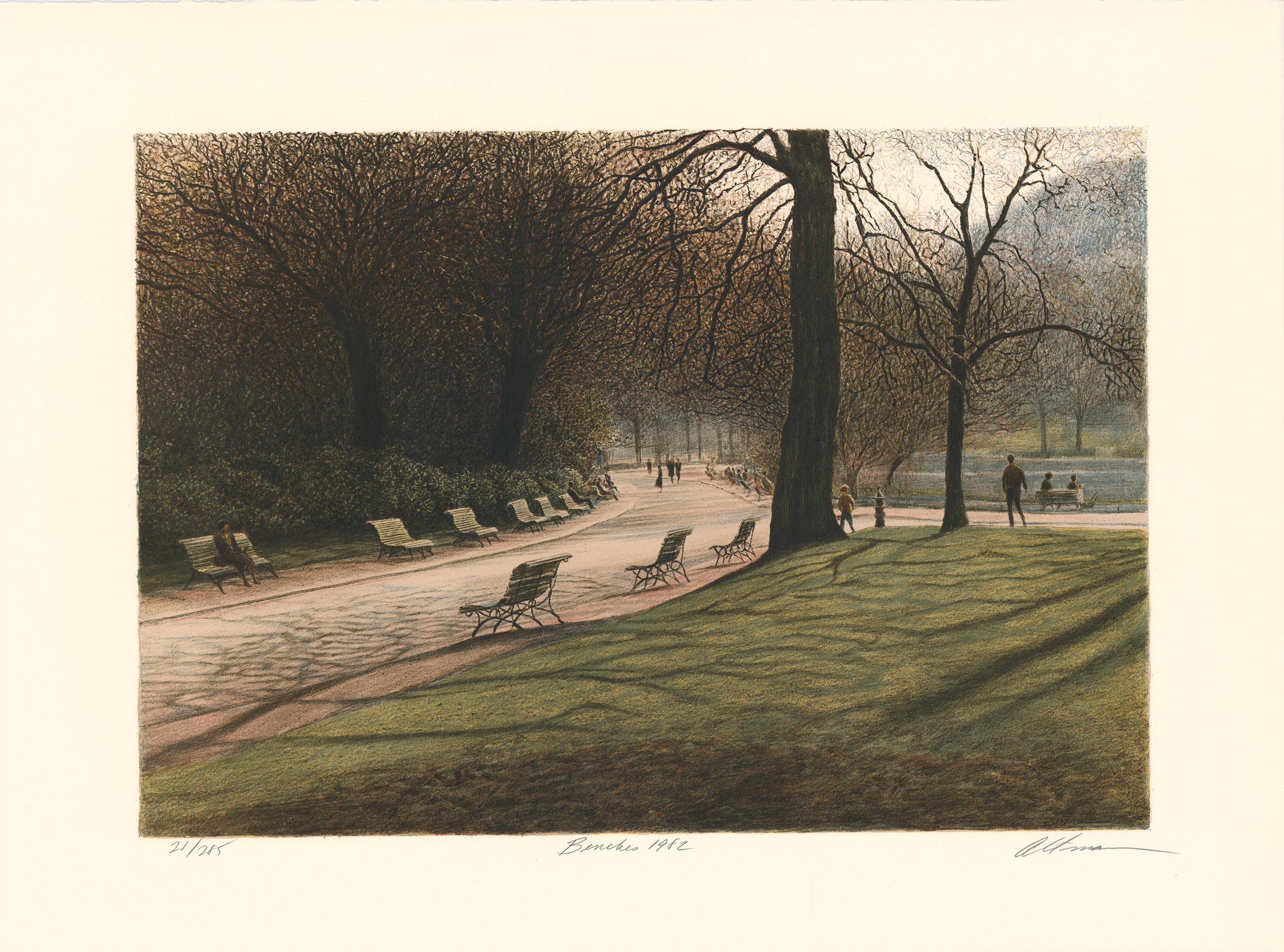 Bancs.  [Central Park.] - Marron Landscape Print par Harold Altman