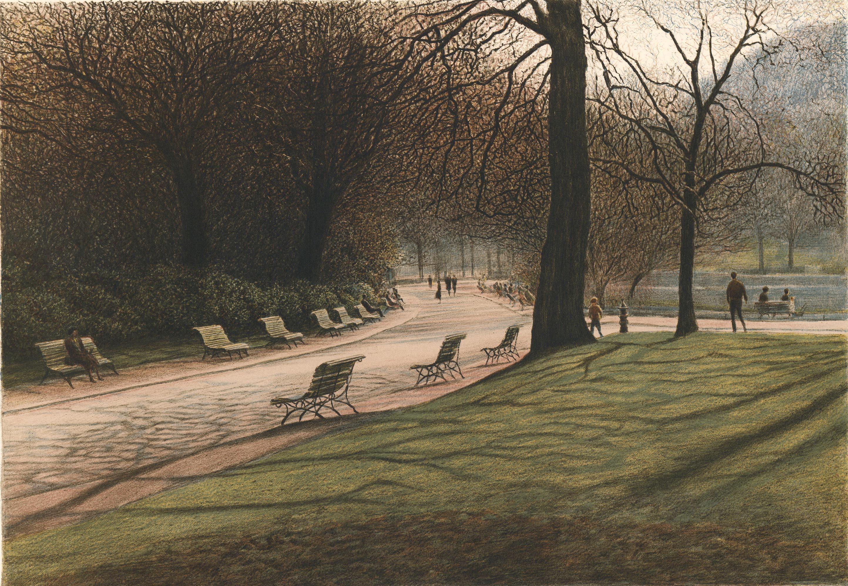 Harold Altman Landscape Print - Benches.  [Central Park.]