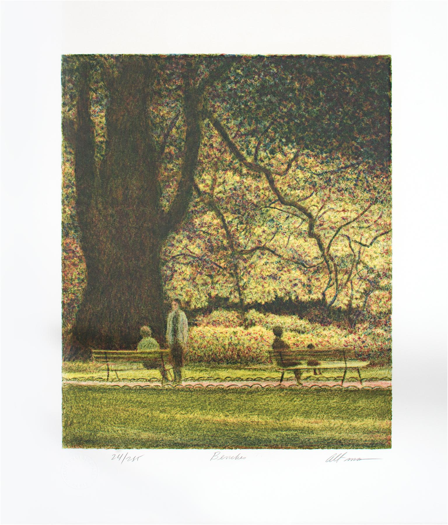 Harold Altman Figurative Print - Contemporary color lithograph landscape trees outdoor forest park scene signed