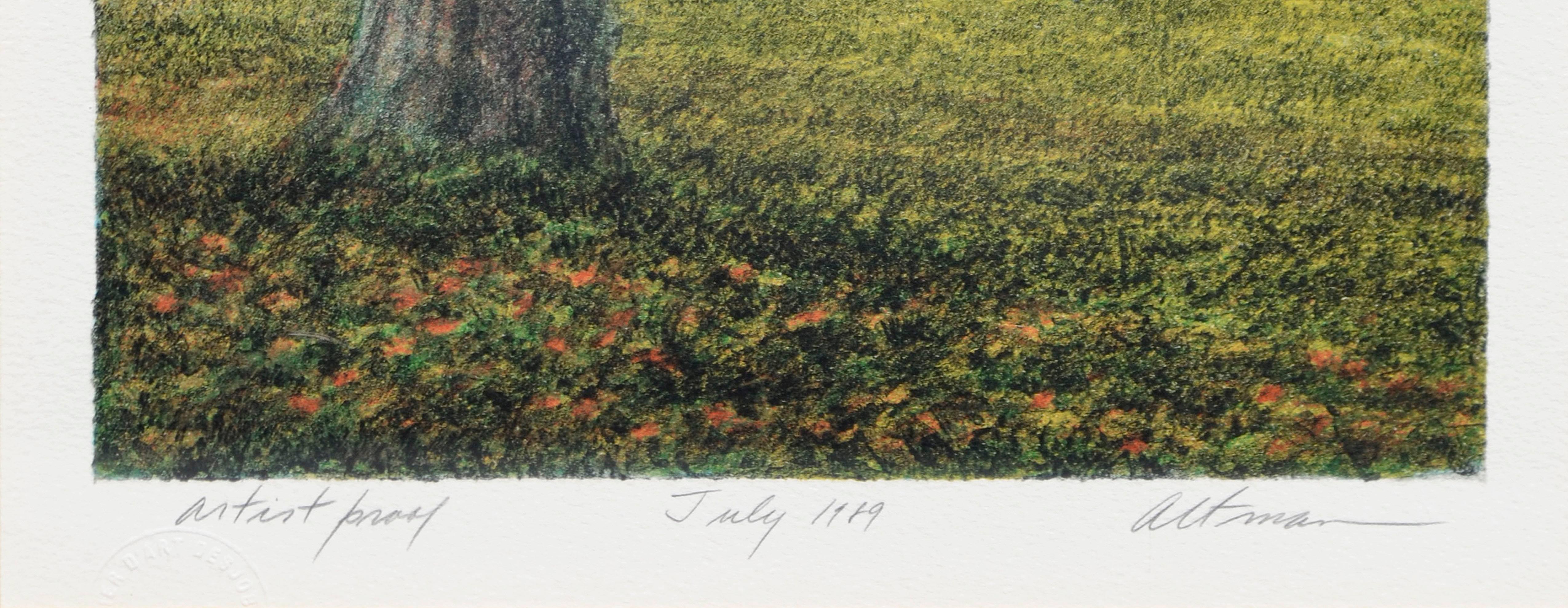 Couple resting under the canopy of a big shade tree by listed artist Harold Altman (American, 1924-2003). Atelier stamp lower left margin. Edition (Artist Proof), title and artist signature lower margin. Presented in multiple over-mats and in a