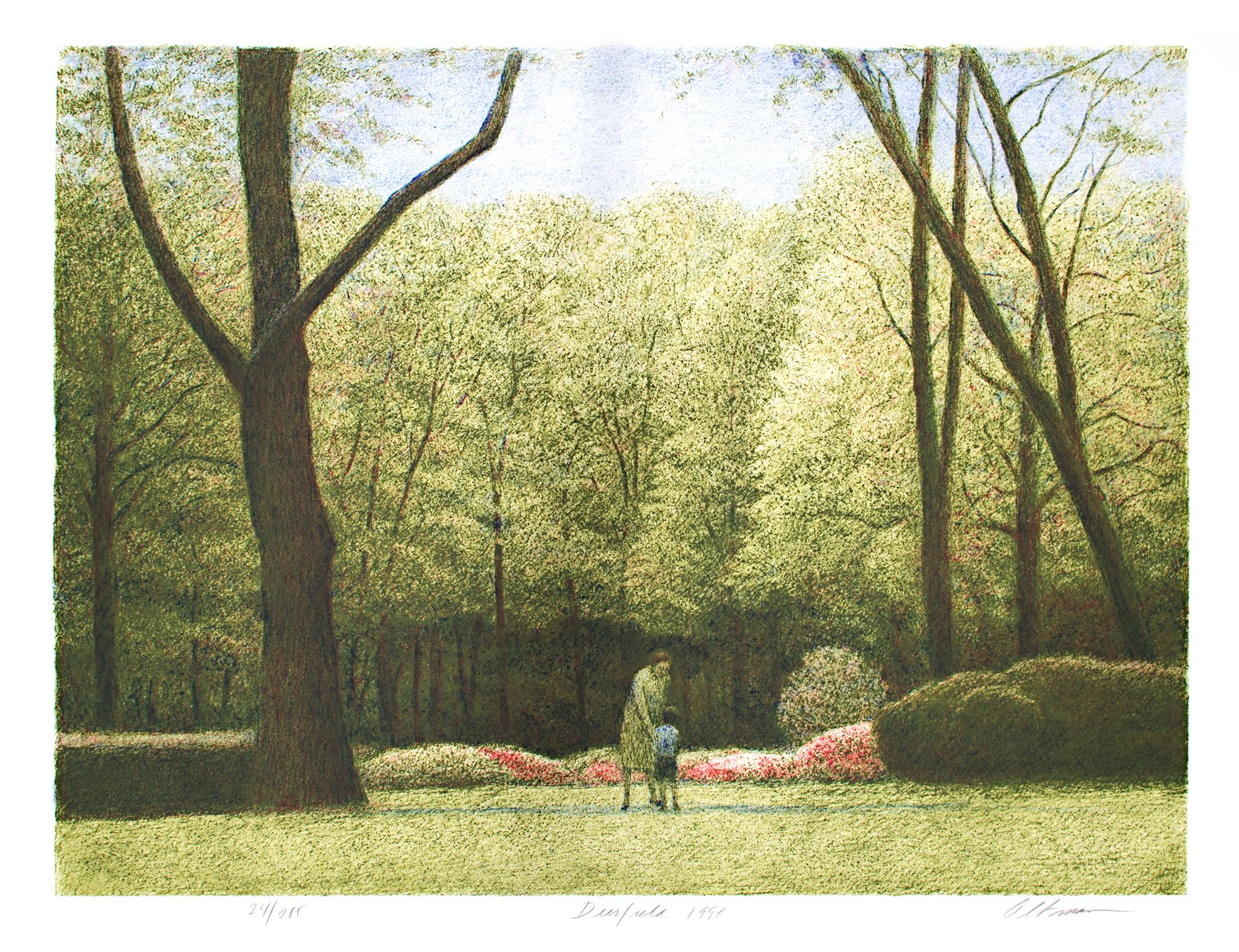 "Deerfield" is an original color lithograph by Harold Altman. It is numbered 24 out of an edition of 285. A bright blue sky looks down on a lush green forest. Within the lawn, a mother and son are seen together. Flowers add a bright pop of red