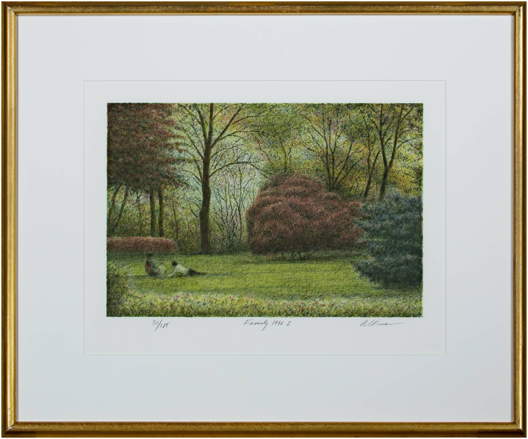 Contemporary color lithograph landscape trees outdoor forest park scene signed - Other Art Style Print by Harold Altman