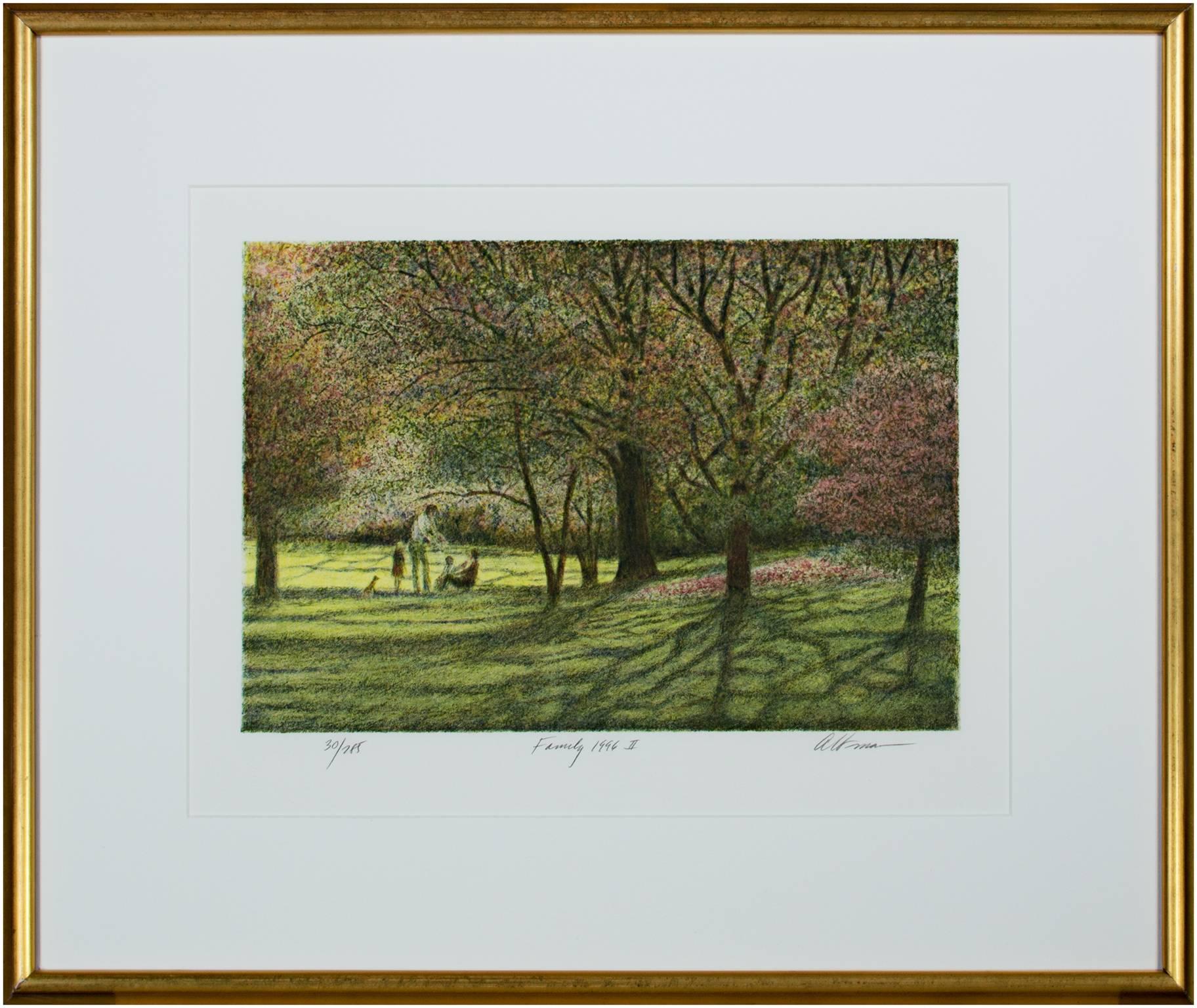 Contemporary color lithograph landscape trees outdoor forest park scene signed For Sale 4