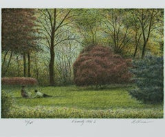 Retro Contemporary color lithograph landscape trees outdoor forest park scene signed