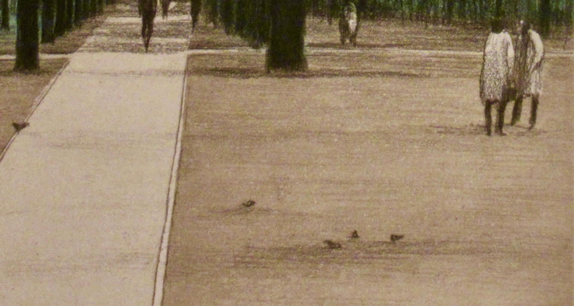 Artiste :   Harold Altman (américain, 1924-2003)
Titre :  Cinq pigeons (Jardin du Luxembourg, Paris)
Année :  1981
Moyen :	Gravure originale en couleurs avec aquatinte
Edition : Numéroté 75/200 au crayon
Papier :  Arches
Taille de l'image (marque de