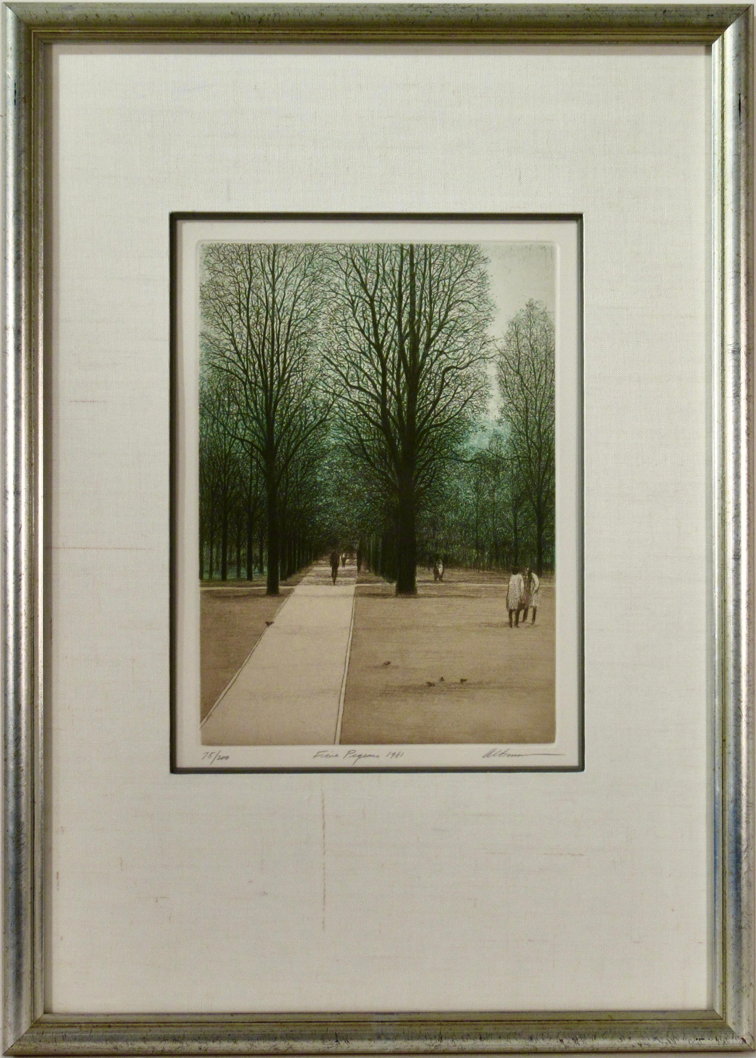 Landscape Print Harold Altman - Cinq pigeons (Jardin du Luxembourg, Paris)