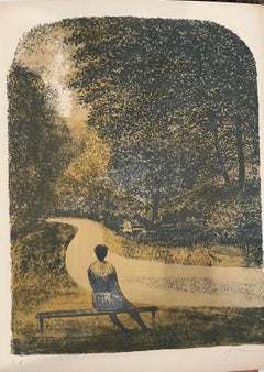 Acquaforte in edizione limitata di Harold Altman intitolata "Sentiero del parco: Figure sedute su una panchina".