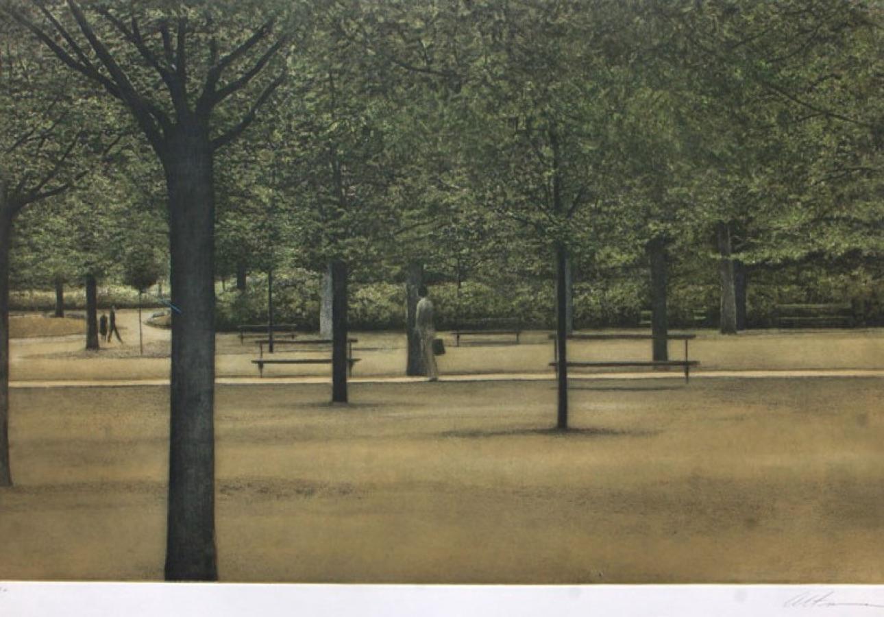 Landscape Print de Harold Altman - Hombre con maletín-Edición limitada al aguafuerte, EA, Firmado por el artista