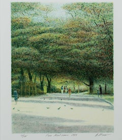 Contemporary color lithograph landscape trees outdoor forest park scene signed
