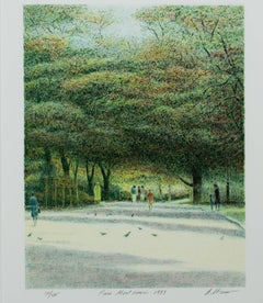  Lithographie contemporaine en couleurs paysage arbres extérieur forêt parc scène signée