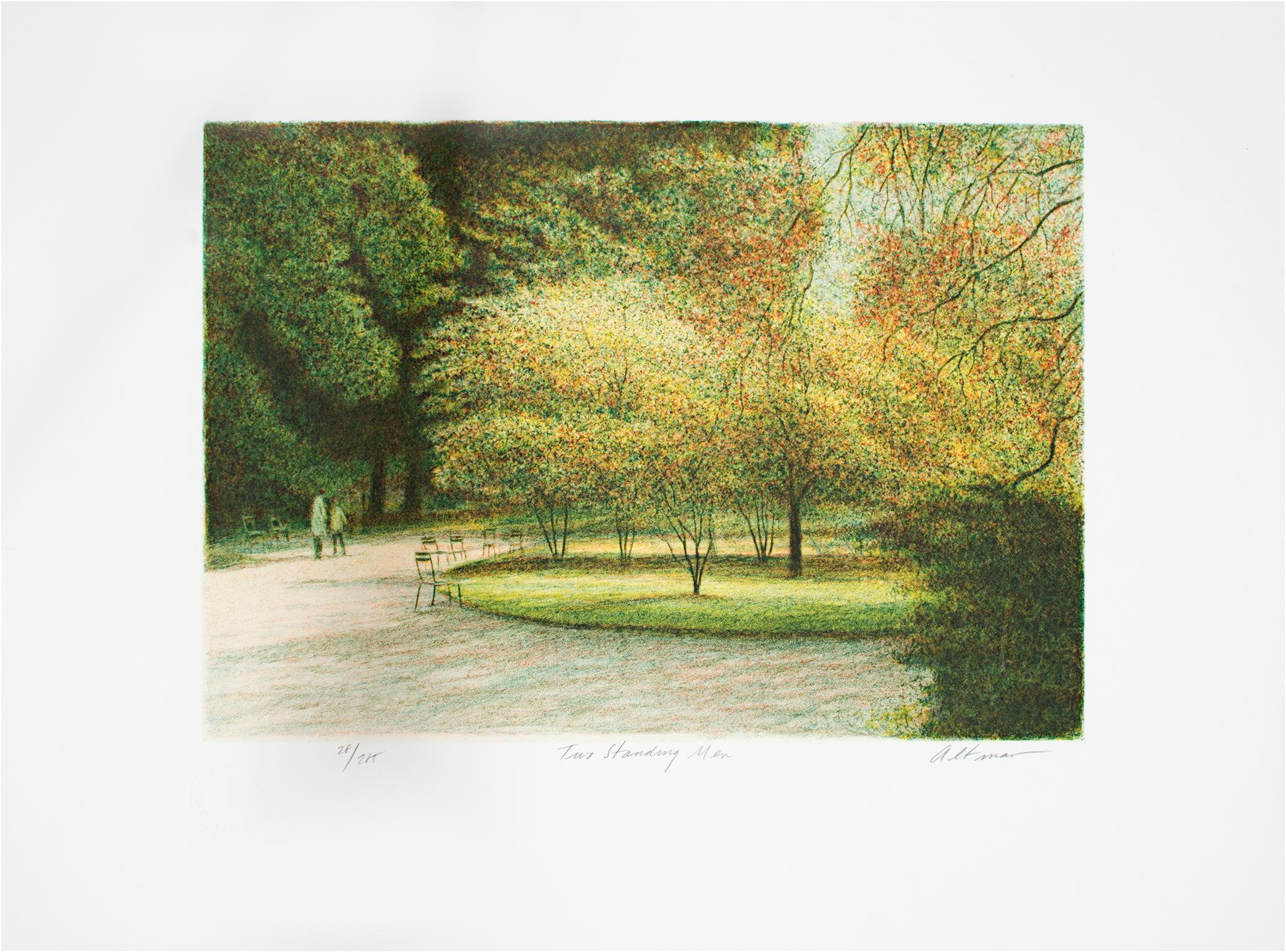  Contemporary color lithograph landscape trees outdoor forest park scene signed