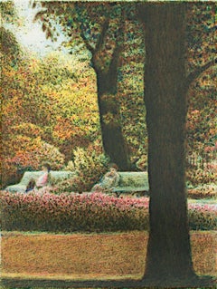 Contemporary color lithograph landscape trees outdoor park scene signed