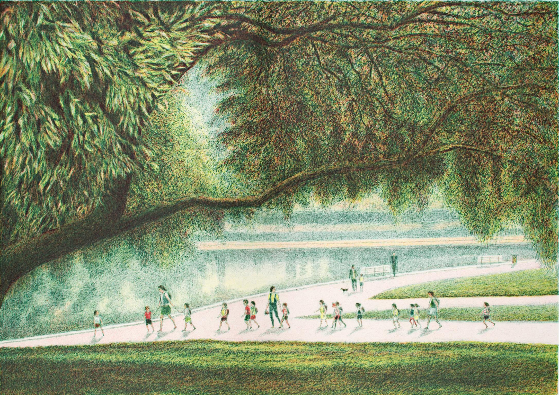 Lithographie contemporaine en couleurs paysage arbres scène de parc extérieur signée - Print de Harold Altman