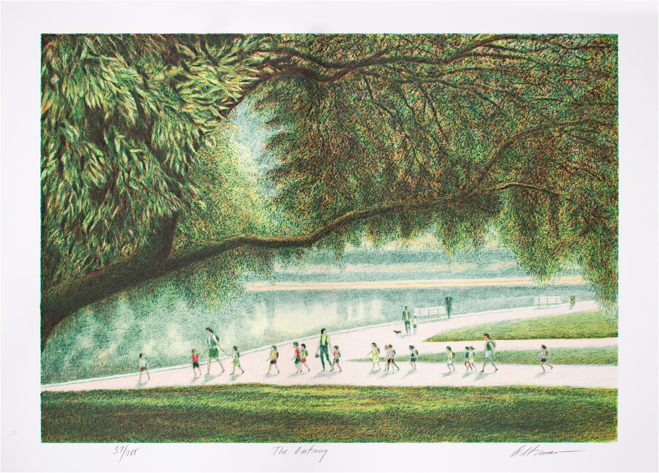 Figurative Print Harold Altman - Lithographie contemporaine en couleurs paysage arbres scène de parc extérieur signée