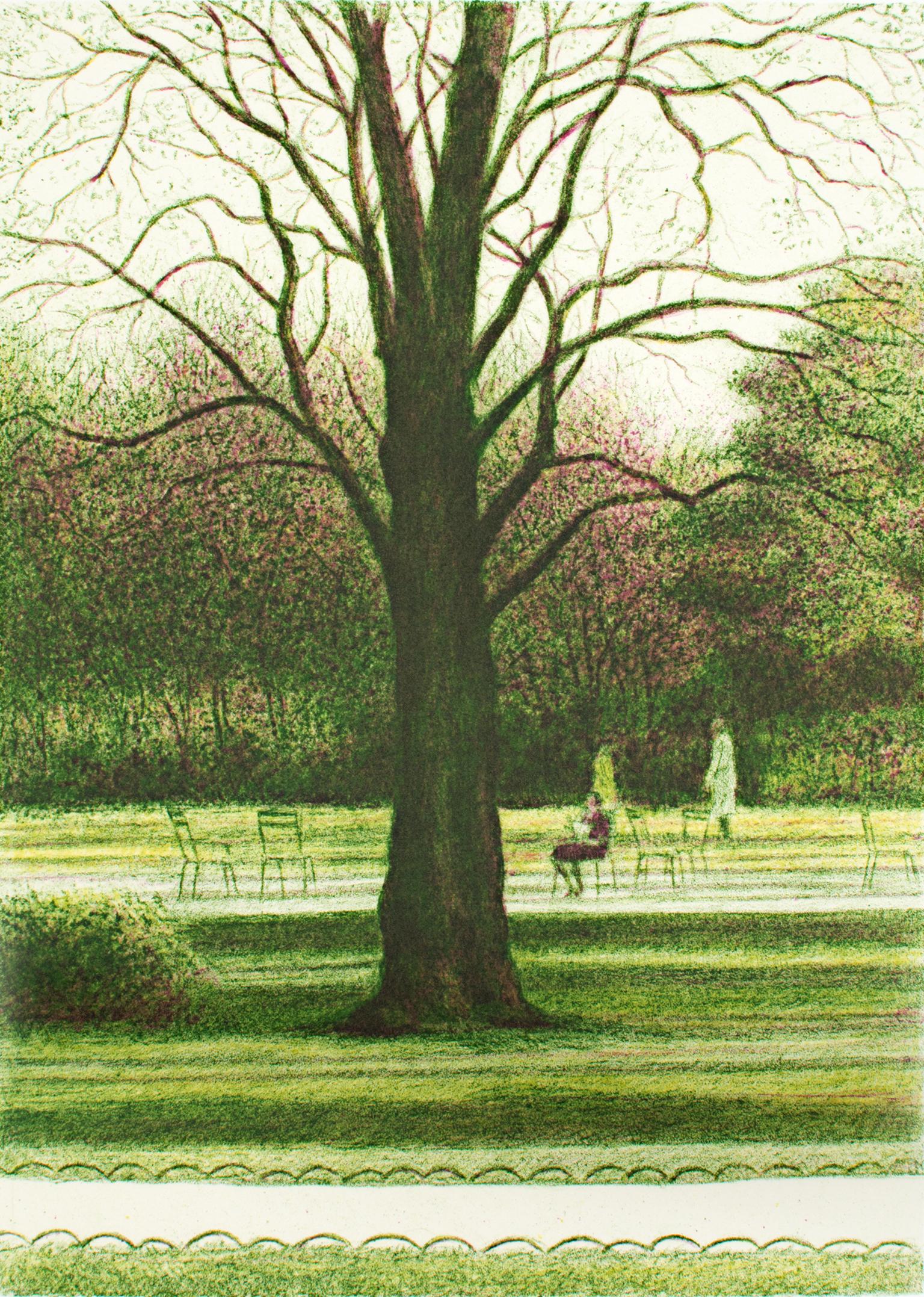 Contemporary color lithograph landscape trees outdoor park scene signed - Print by Harold Altman