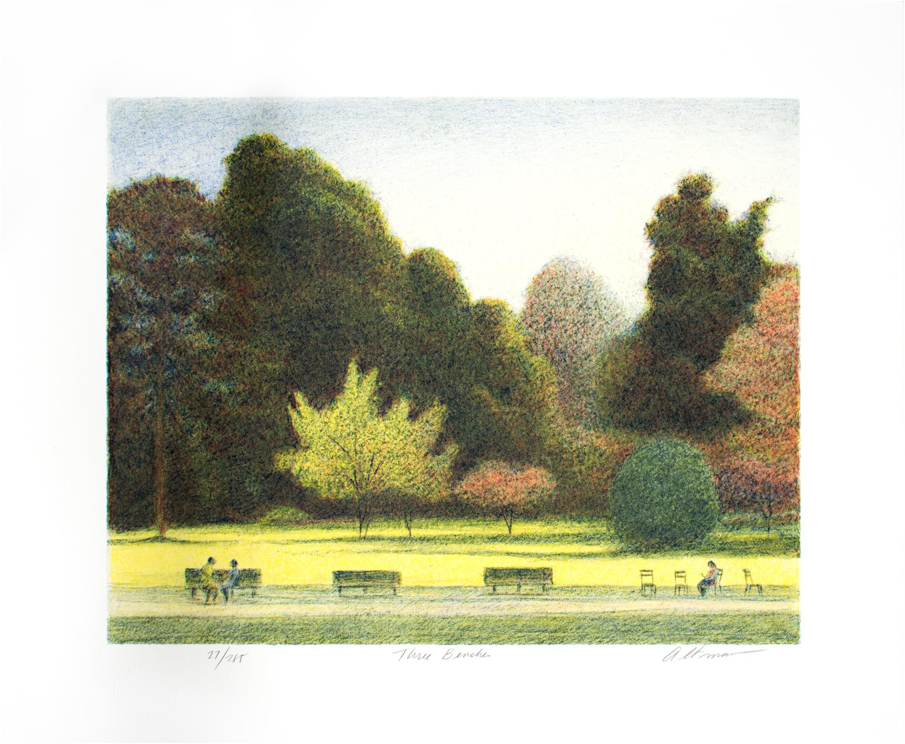 "Three Benches" by Harold Altman is an original color lithograph. It is number 27 out of an edition of 285, signed in the lower right hand side. A brightly lit park scene dominates the print, with trees and shrubs as the focal point. Small figures