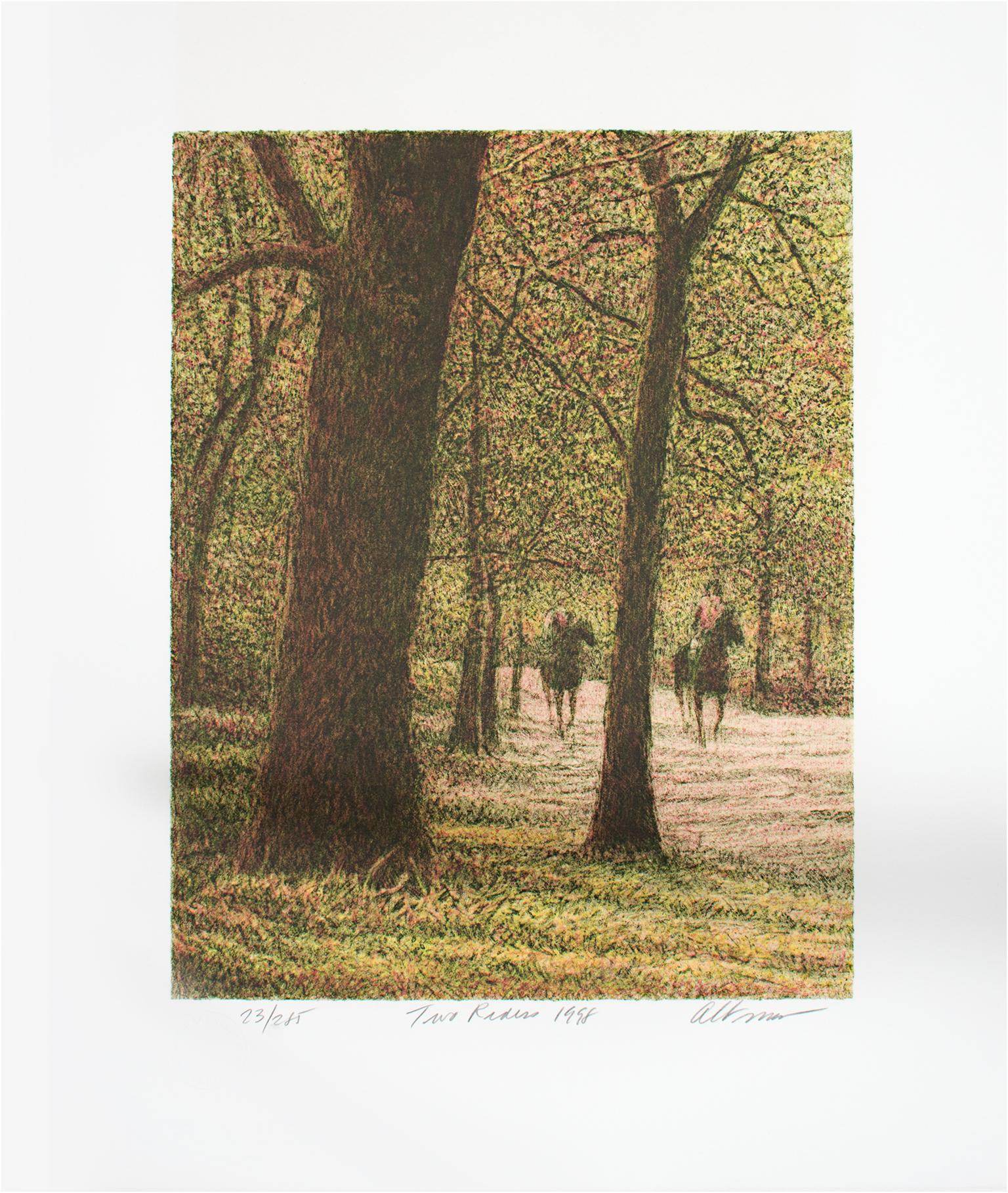 "Two Riders" is an original color lithograph by Harold Altman. It is numbered 23 out of an edition of 285. Within a quiet forest path, two riders glide through the forest on two horses. The trees lean in front of the viewer, almost shielding the