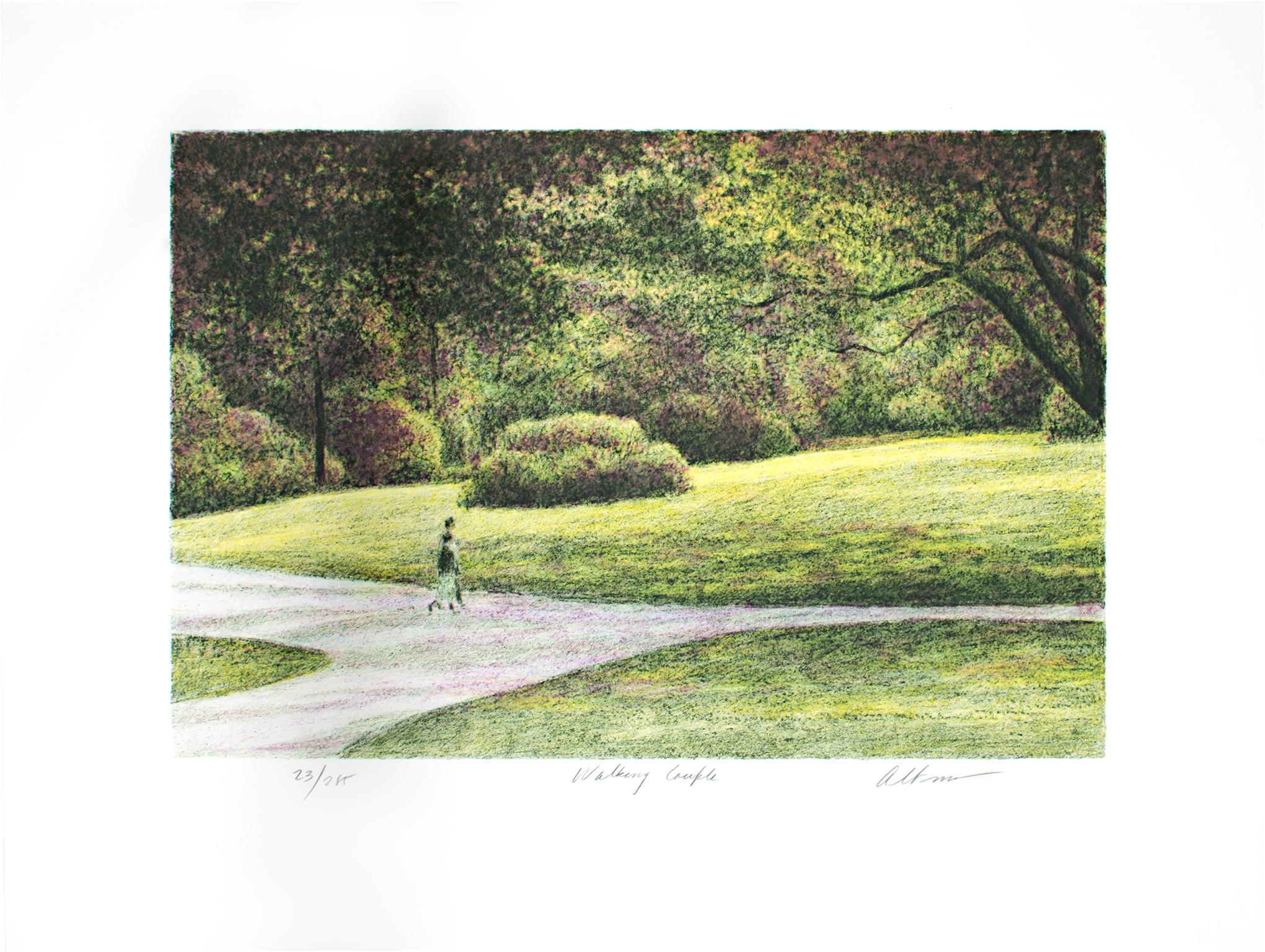 "Walking Couple" is an original color lithograph by Harold Altman. It is numbered 23 out of an edition of 285. A walking couple come from unseen parts, walking onto the path that again stretches out past our view. The park rises and falls, brimming