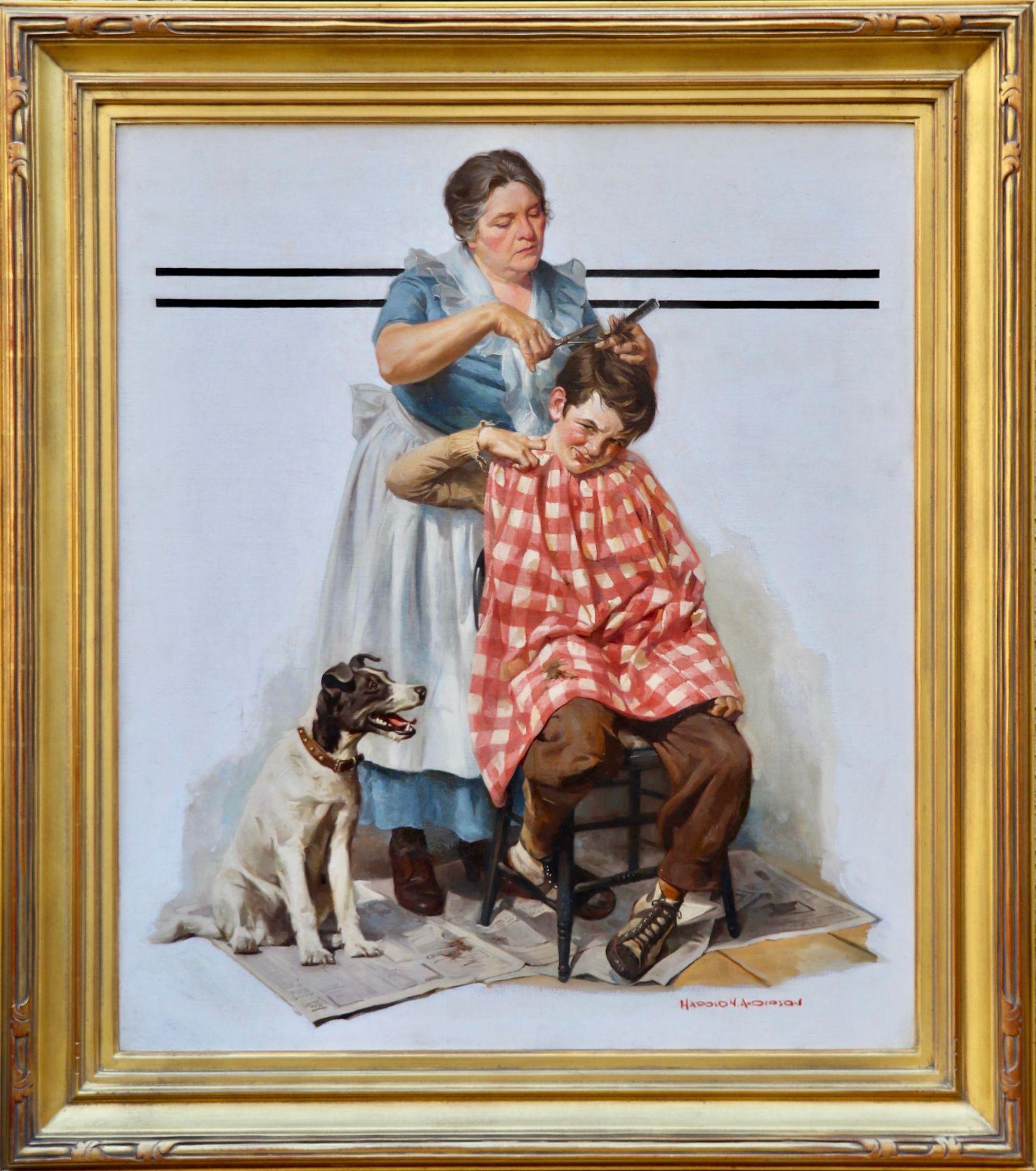 Haircut, Saturday Evening Post Cover, 1933 - Painting by Harold Anderson