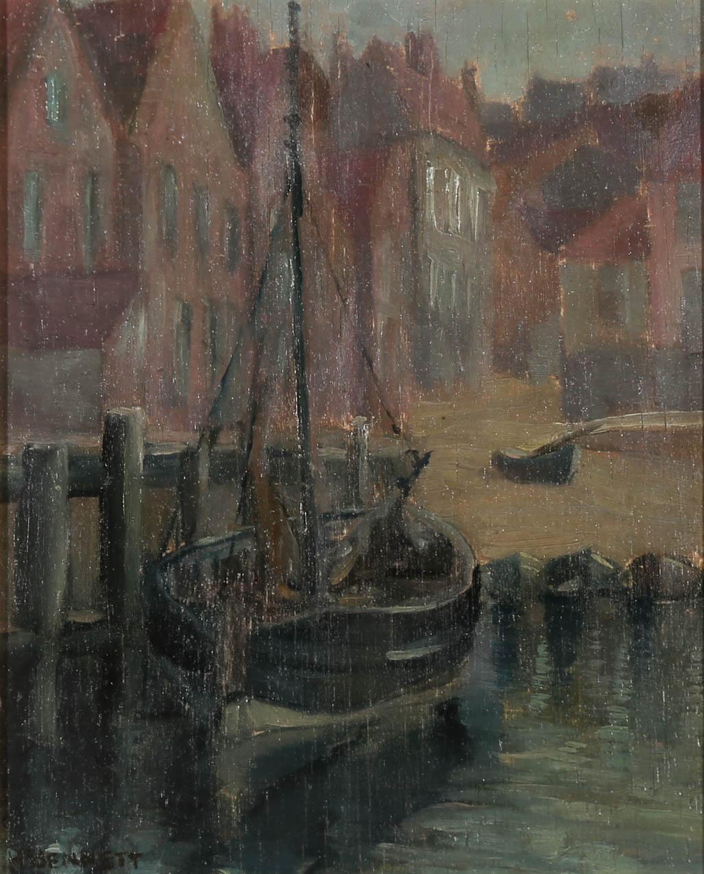 An atmospheric and deft oil depiction of Scarborough harbour, circa 1890-1910. The scene shows a fishing boat moored at the wooden pontoon with the houses of the fishing town fading into the softened distance. The painting has a wonderful stillness,