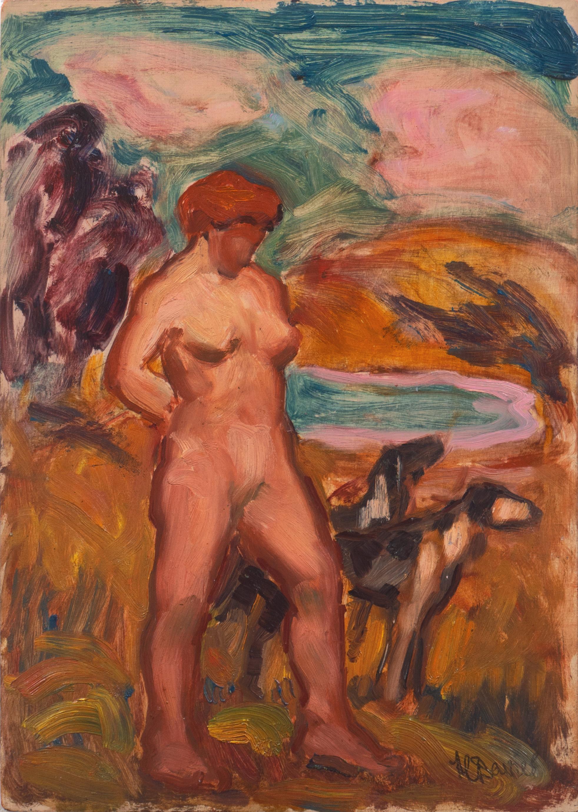 Harold C. Davies Nude Painting - 'Diana the Huntress with her Hounds', Mythological Figural Oil, Corcoran, SFAA