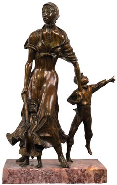 «Mujer pionera y niños», escultura de bronce y mármol de Harold Castor, hacia 1970