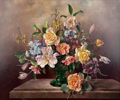 Flowers in a Green Glass Vase