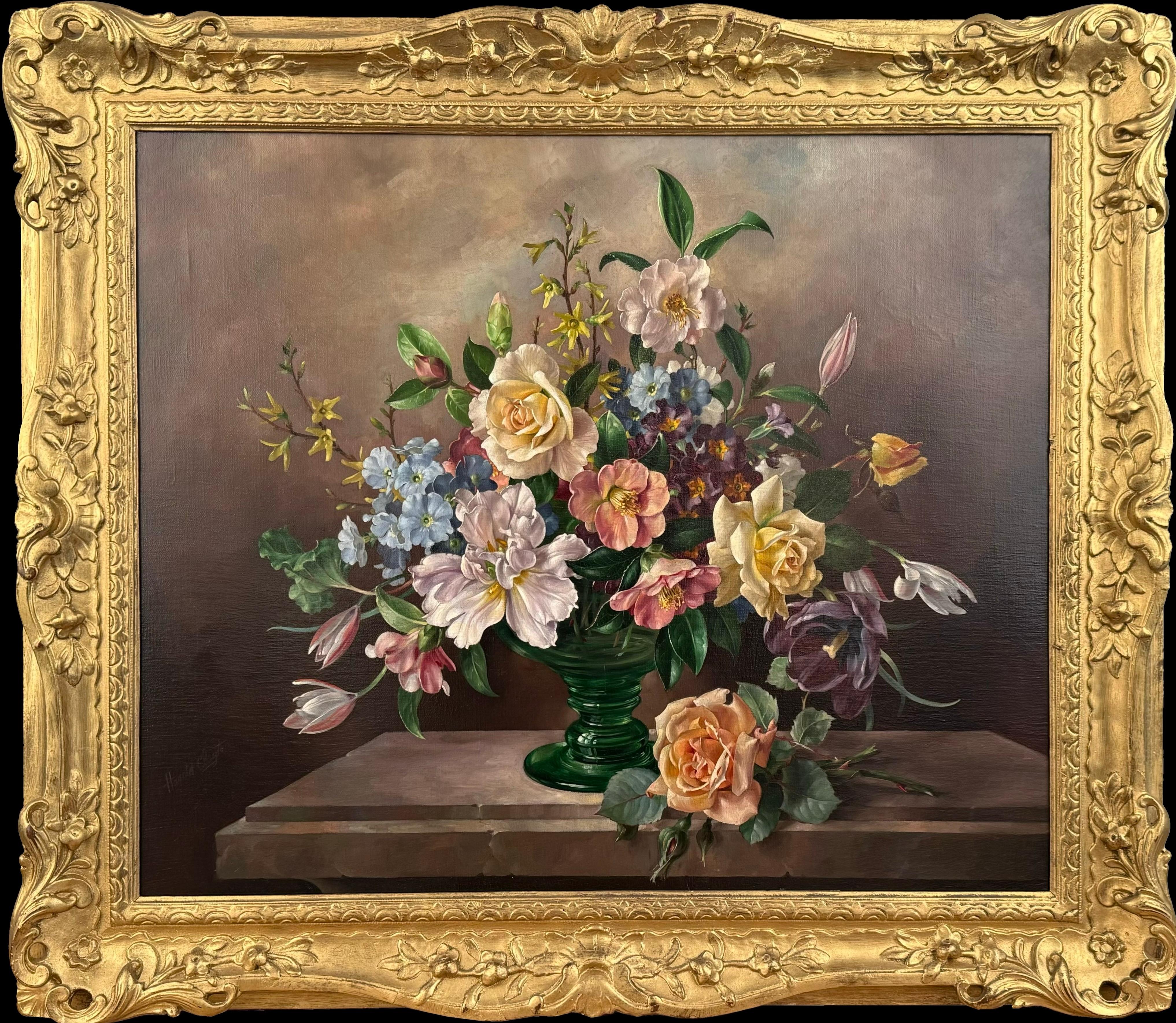 Harold Clayton Still-Life Painting - Flowers in a Green Glass Vase, Oil on Canvas, Signed, Mid-20th Century