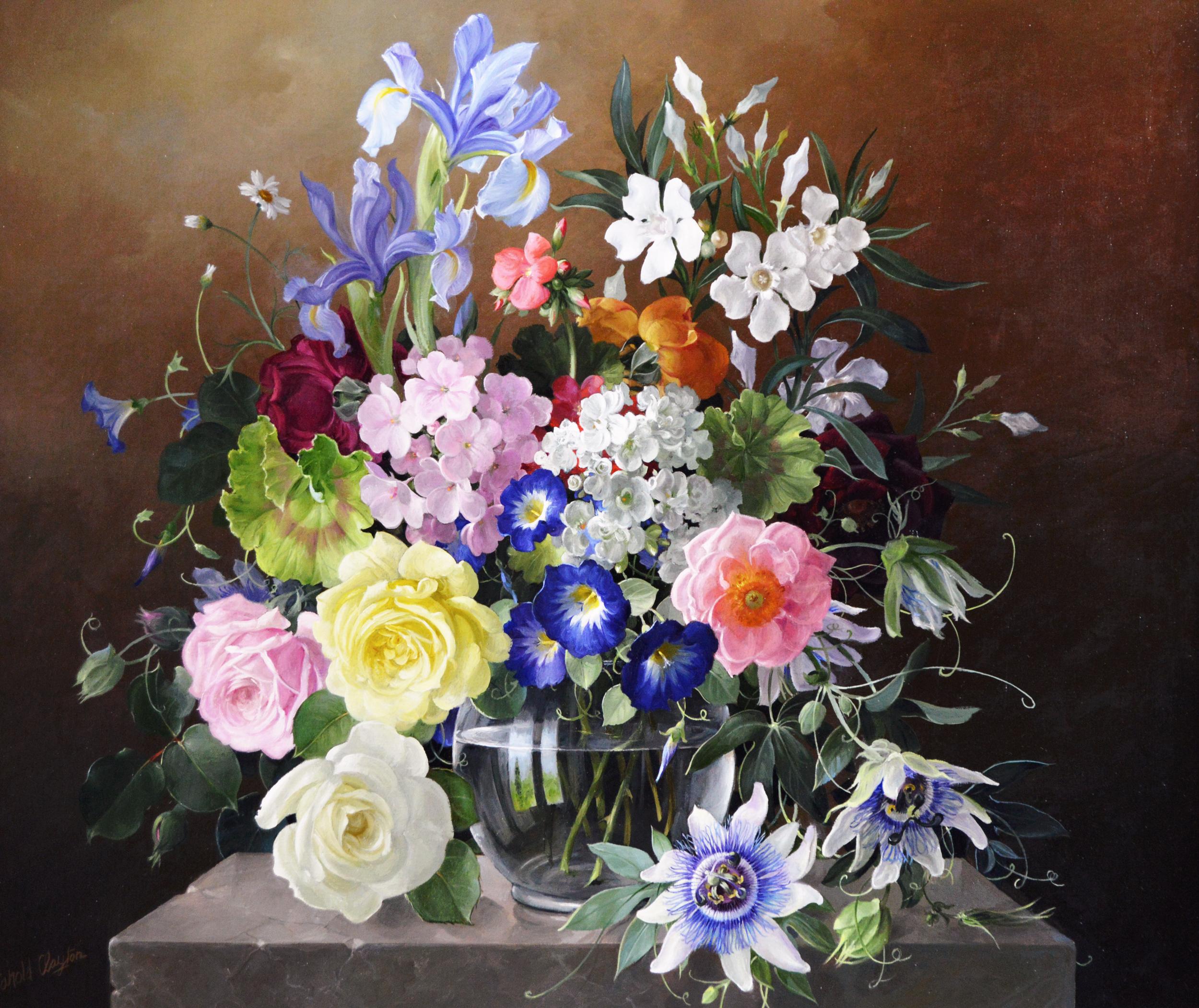 Still life oil painting of flowers in a glass vase  - Painting by Harold Clayton