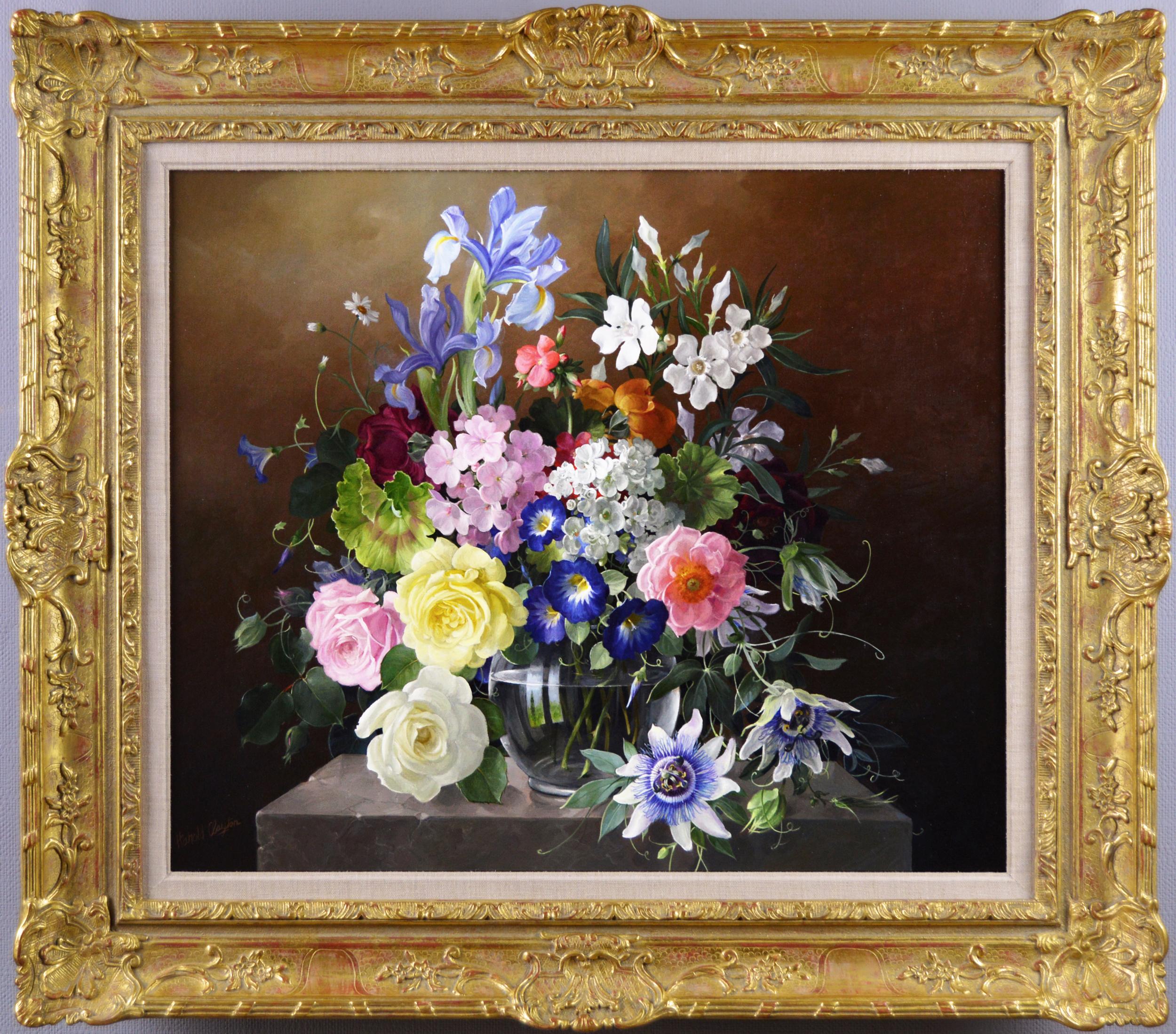 Still life oil painting of flowers in a glass vase 
