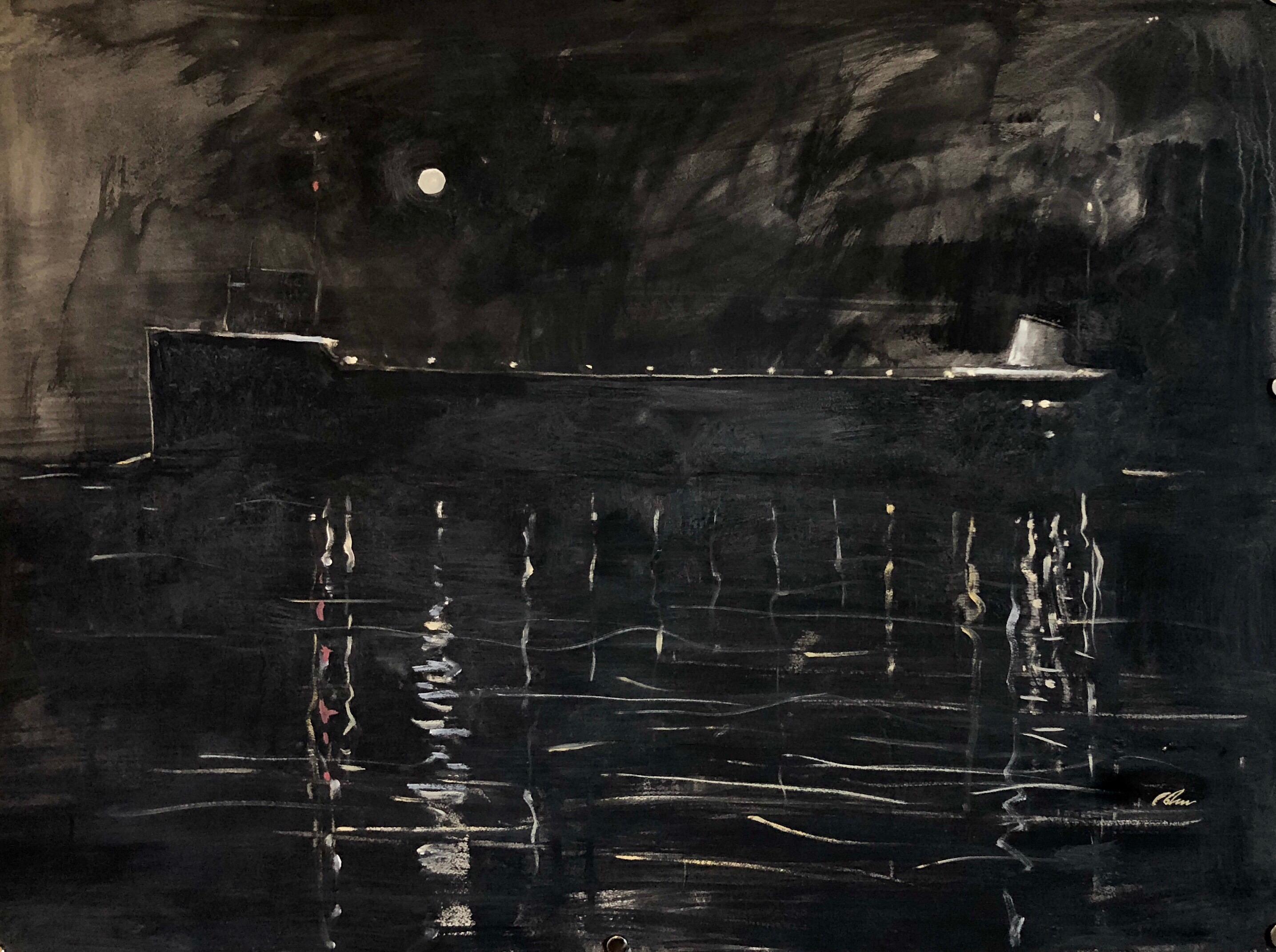 2seitiges expressionistisches Detroiter Modernistisches Gemälde, weiblicher Akt, Nacht Kreuzfahrtschiff im Angebot 2