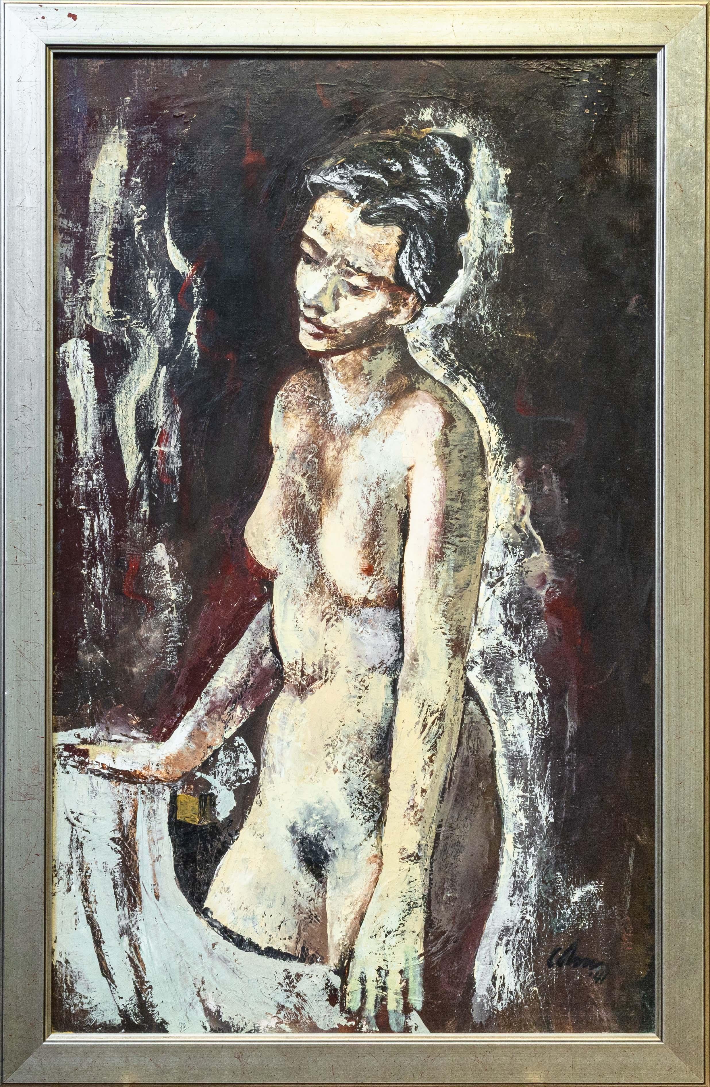 Harold Cohn Stillness in the Nude Signiertes modernistisches figuratives Ölgemälde (Moderne) im Angebot