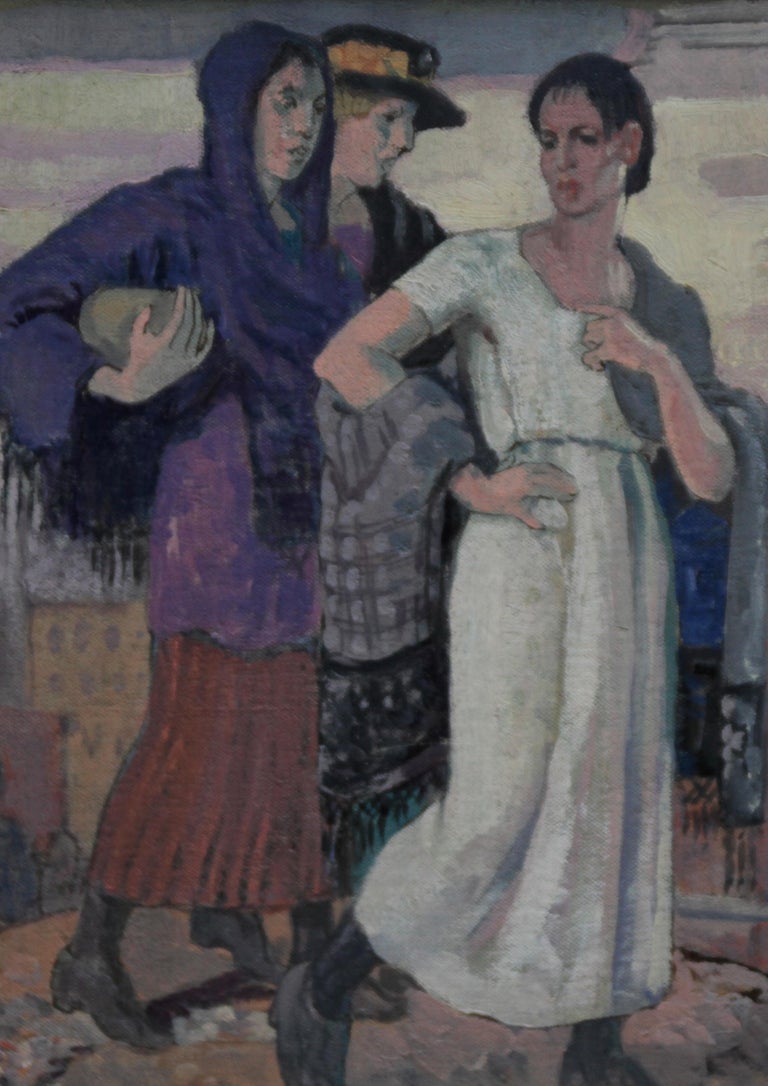 Three Graces - British Art Deco portrait oil painting women cityscape Greek myth - Brown Portrait Painting by Harold Dearden