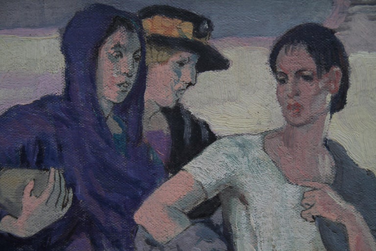 Three Graces - British Art Deco portrait oil painting women cityscape Greek myth For Sale 1