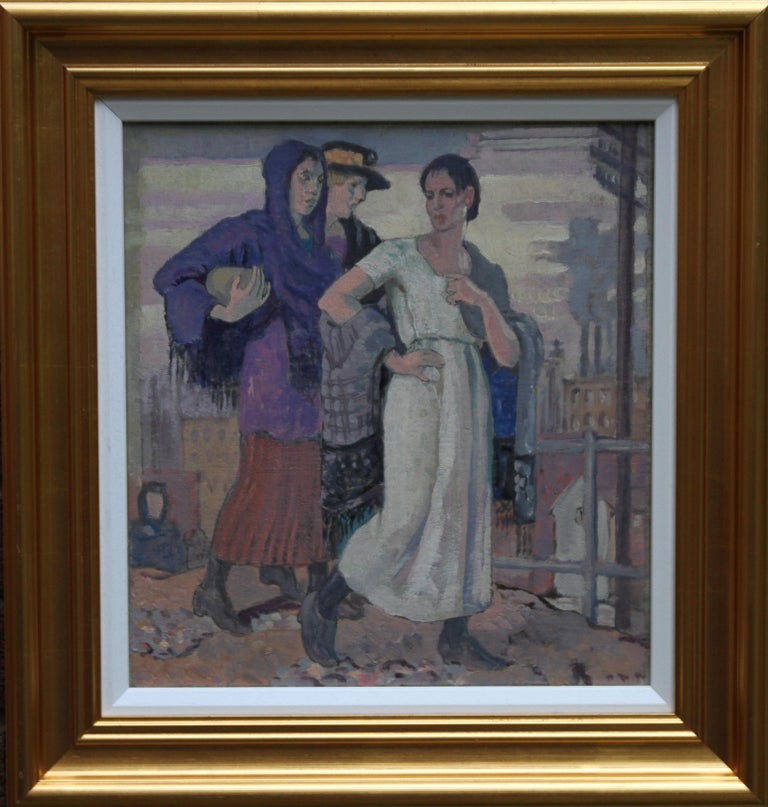 Three Graces - British Art Deco portrait oil painting women cityscape Greek myth For Sale 5