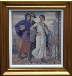 Three Graces - British Art Deco portrait oil painting women cityscape Greek myth
