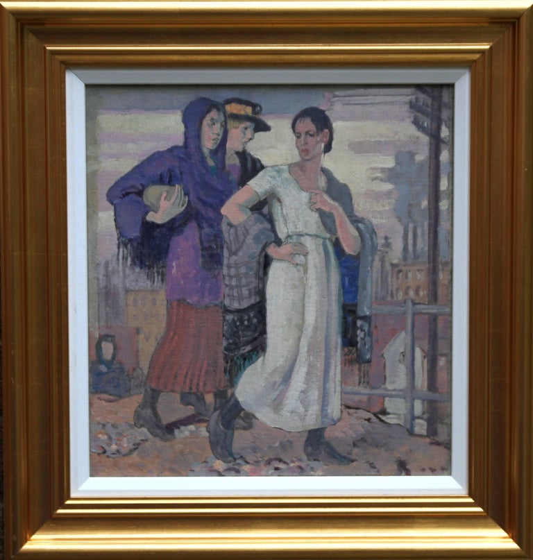 Three Graces - British Art Deco portrait oil painting women cityscape Greek myth 1