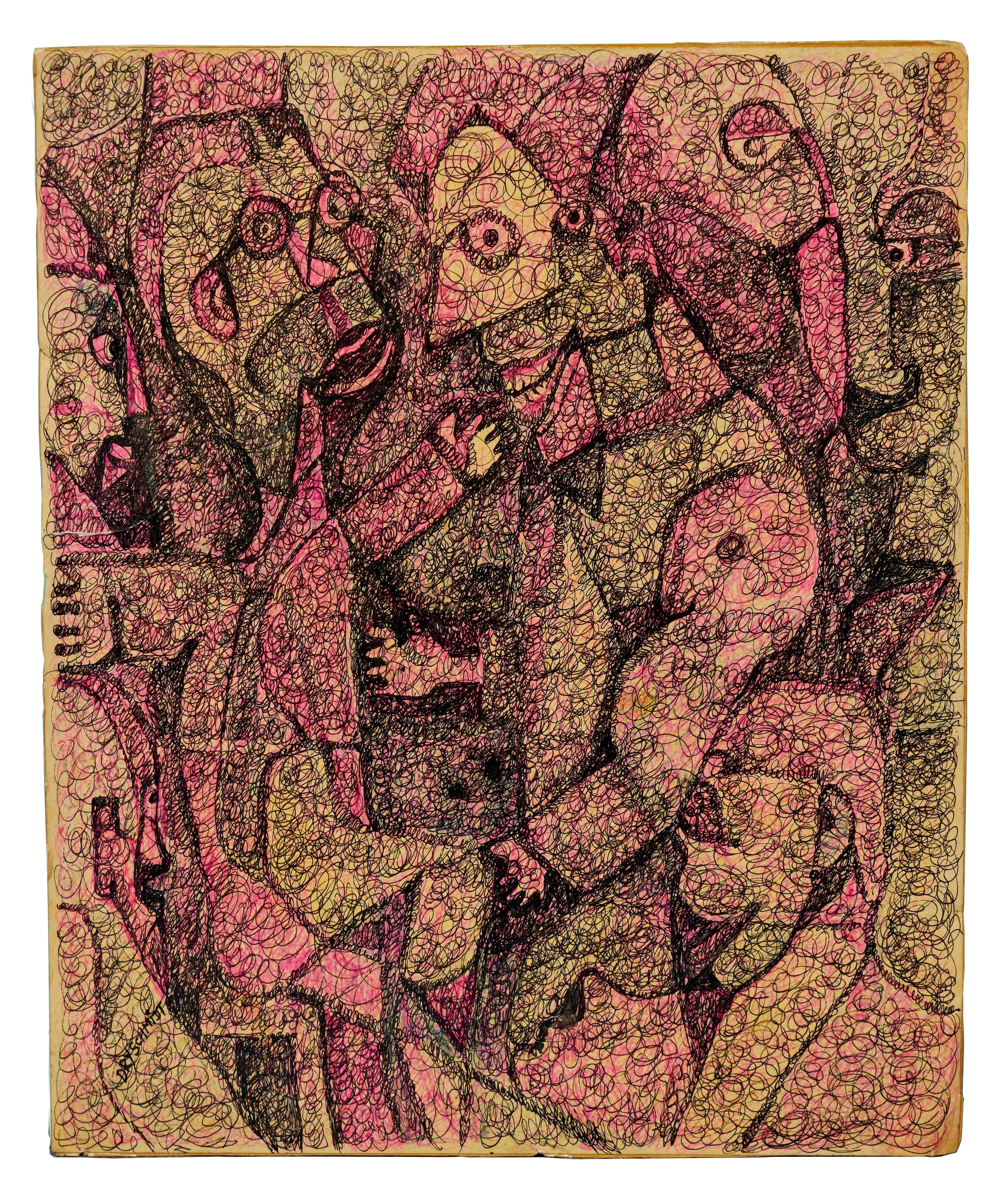 Harold Dry Schmidt (1933 - 1979) Outsider Art Figural Abstract Mixed Media