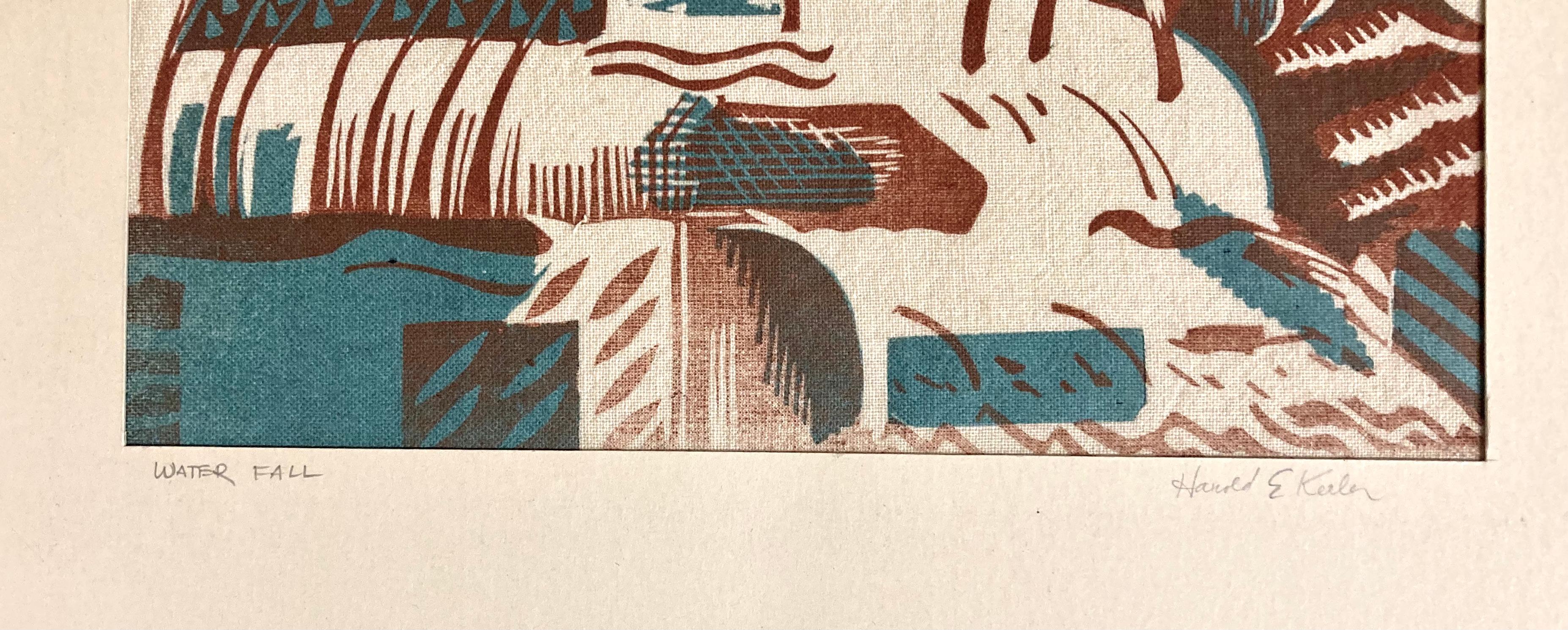 Harold E. Keeler worked in Hollywood as a set designer. That seems especially important here because the Water Fall looks a little as though it could be a woodland stage set -- to me at least. But also it's a linocut on cloth printed in brown and