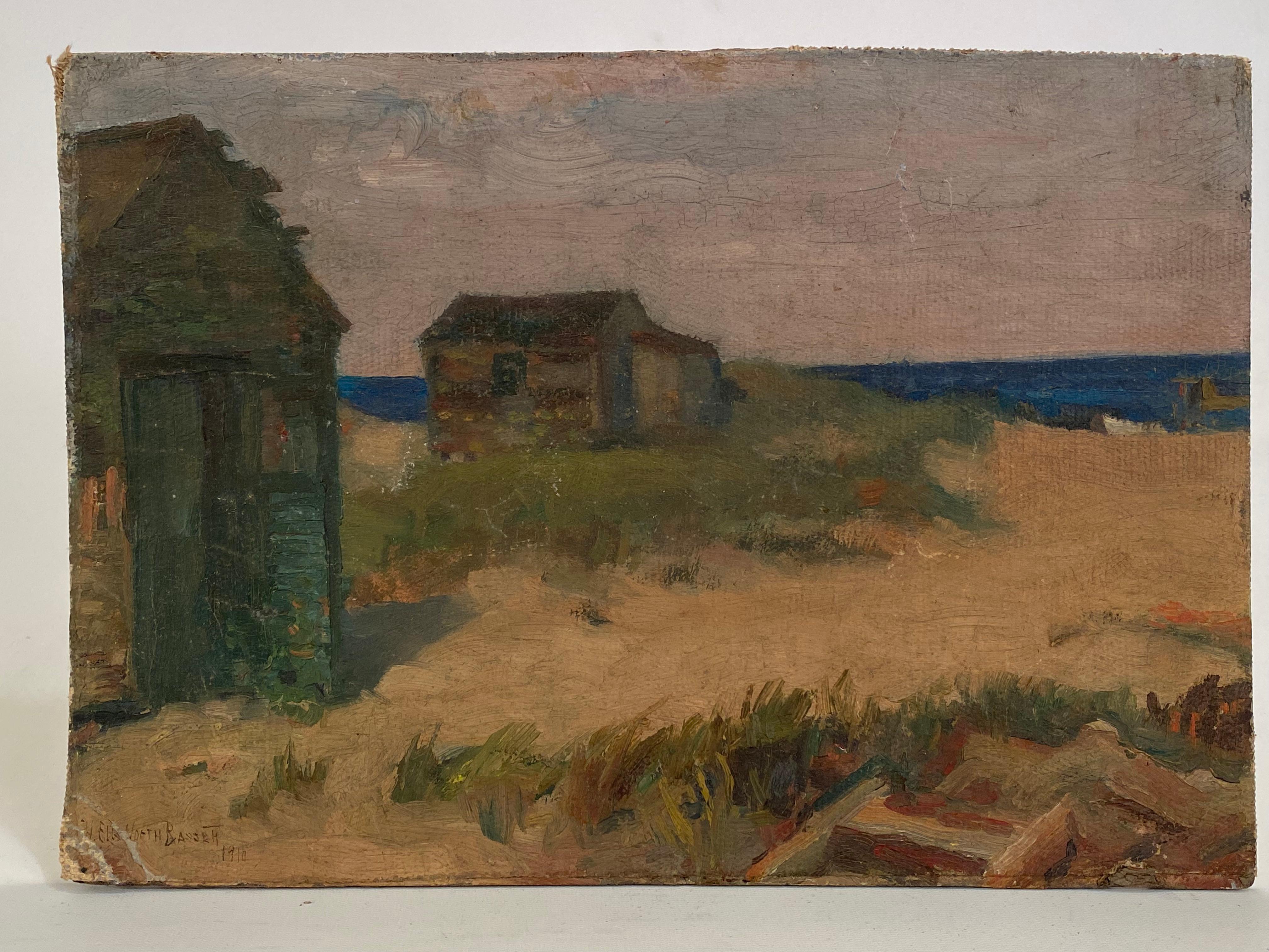 Harold Ellsworth - Peinture de paysage marin de Bassett avec scène de plage, 1910 10