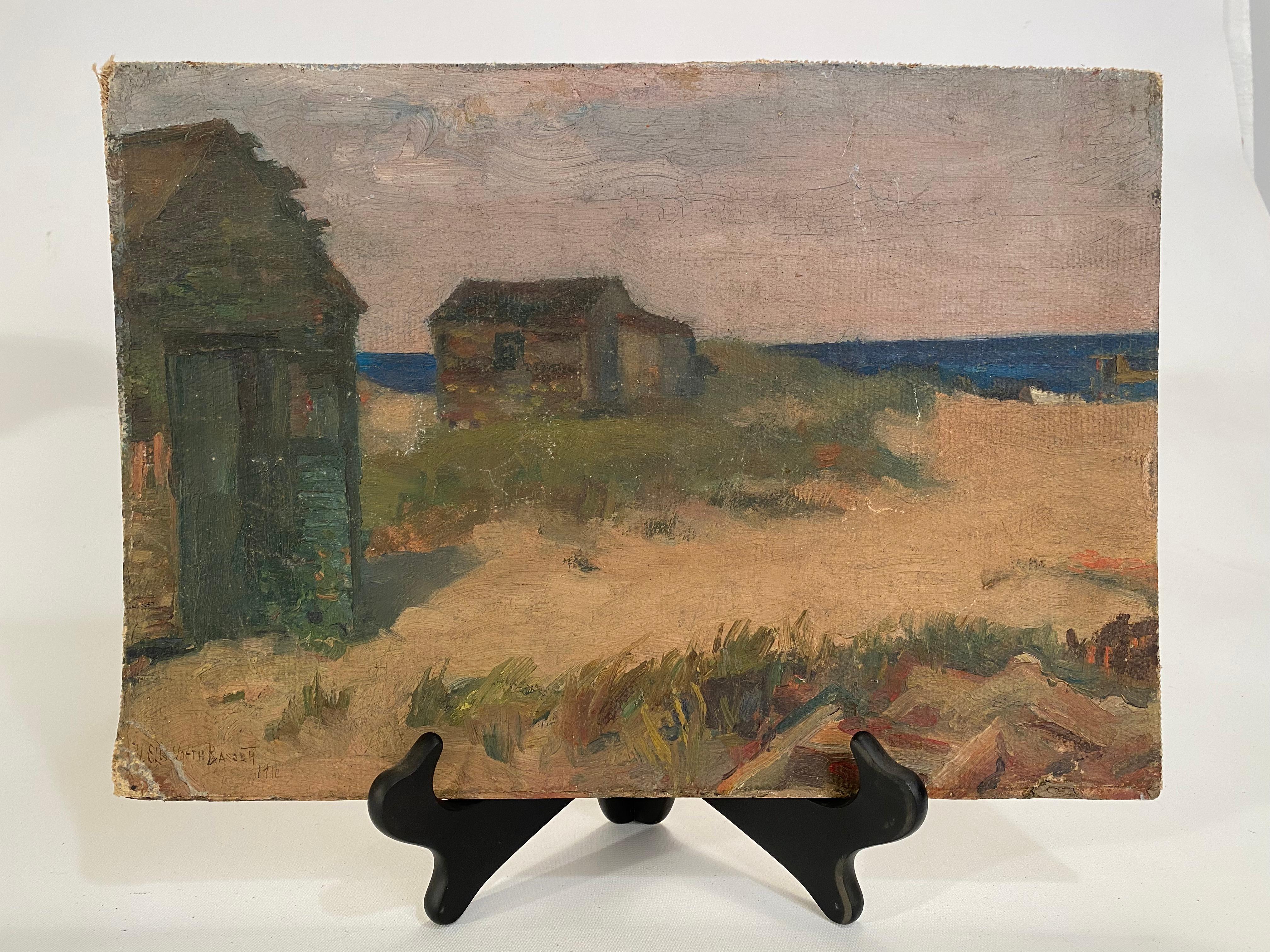 Signed beach scene. Oil on canvas laid on board by Harold Ellsworth Bassett (1875-1943). Signed and dated lower left, H. Ellsworth Bassett, 1910. The artist has depicted a quiet beach scene with cottages or sea shacks with the ocean off in the