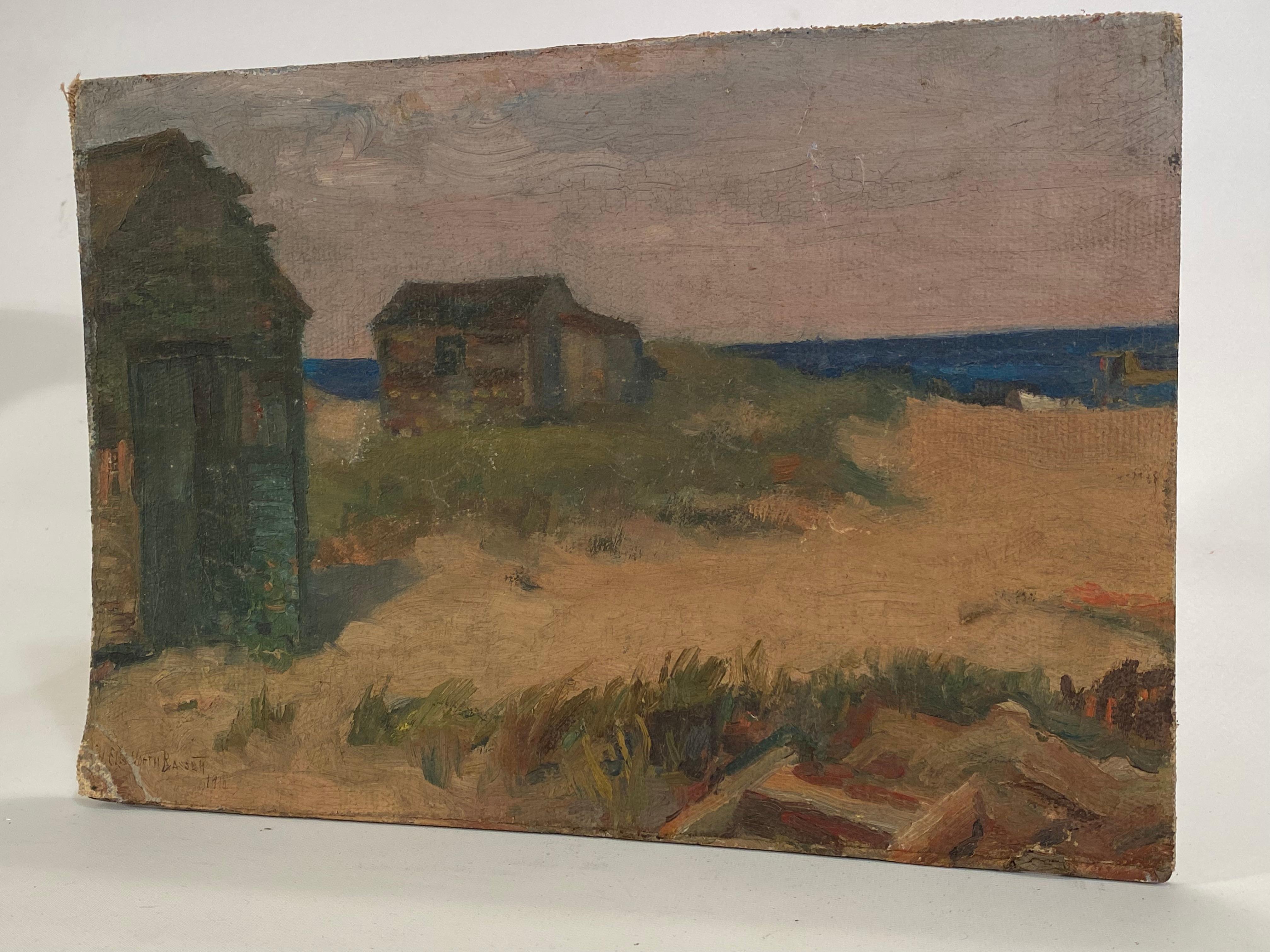 Arts and Crafts Harold Ellsworth - Peinture de paysage marin de Bassett avec scène de plage, 1910