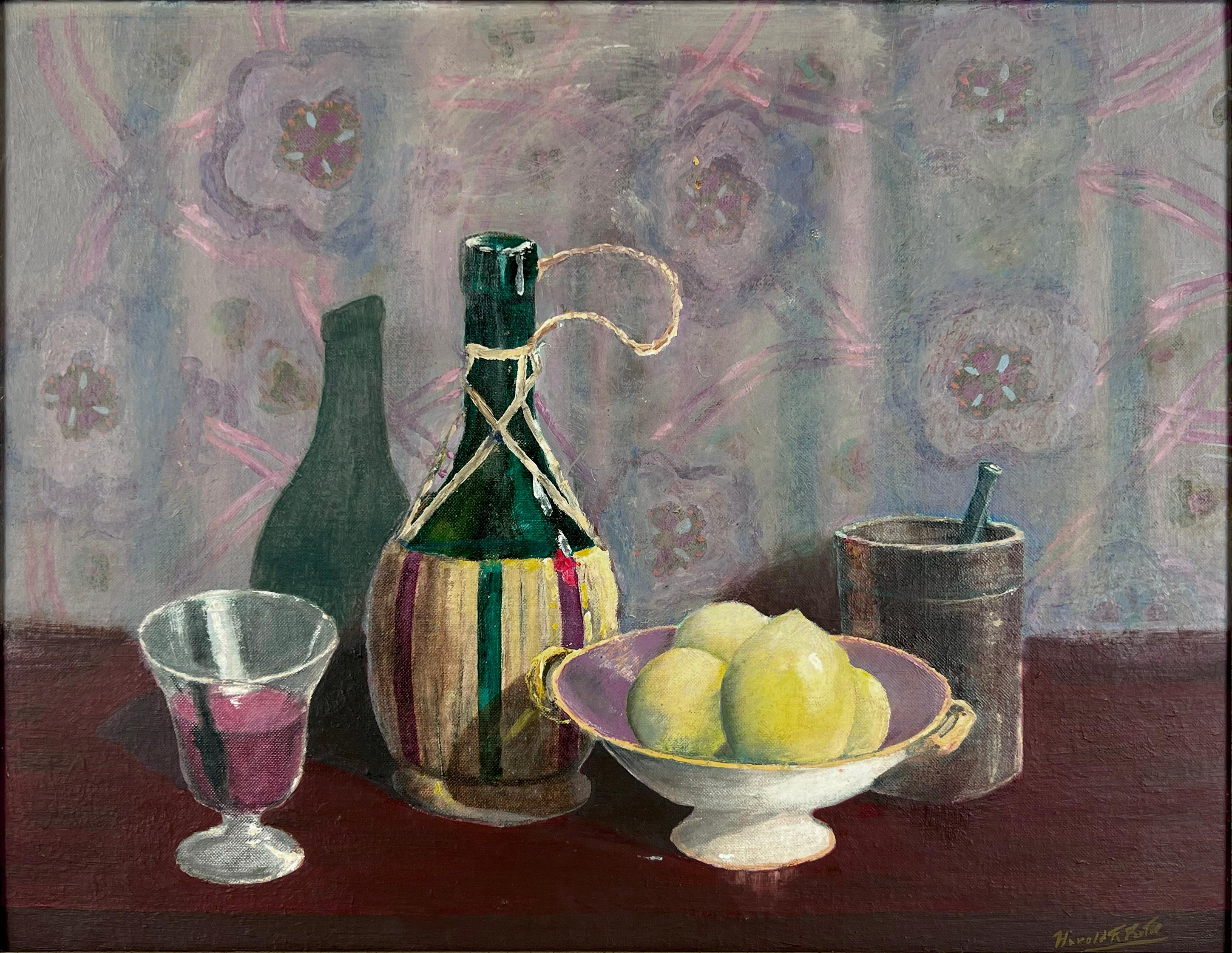 Still Life with Lemons and Chianti Wine Still life on Canvas and Cardstock - Painting by Harold F. Porter