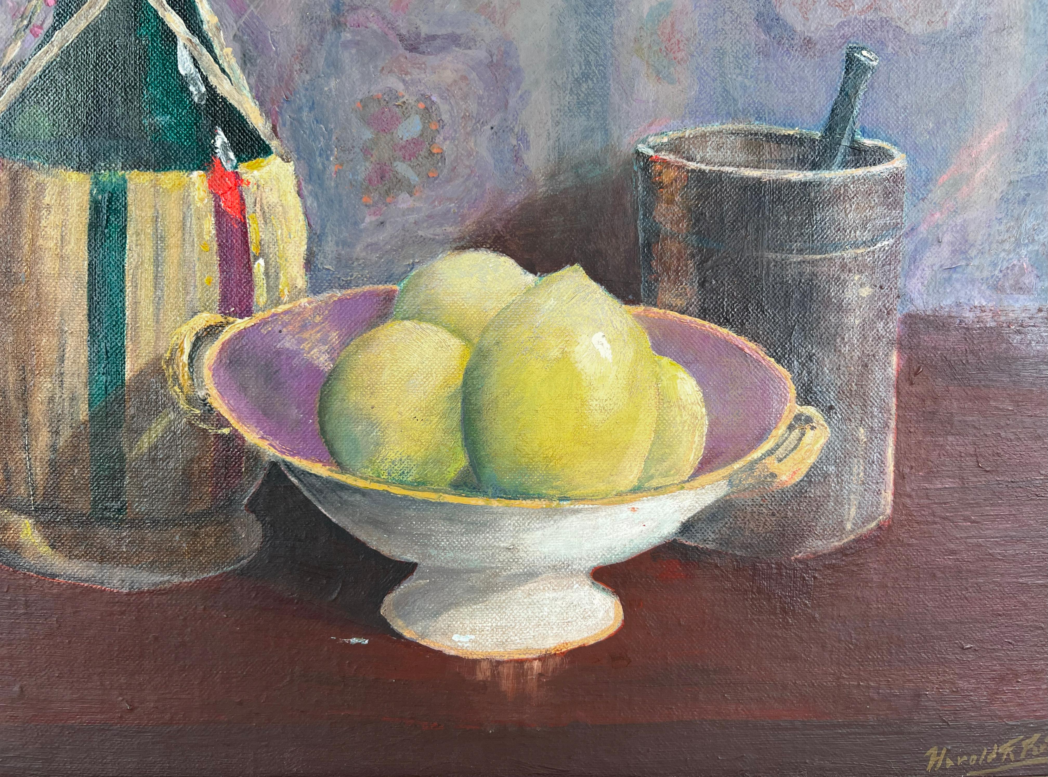 Still Life with Lemons and Chianti Wine Still life on Canvas and Cardstock For Sale 1