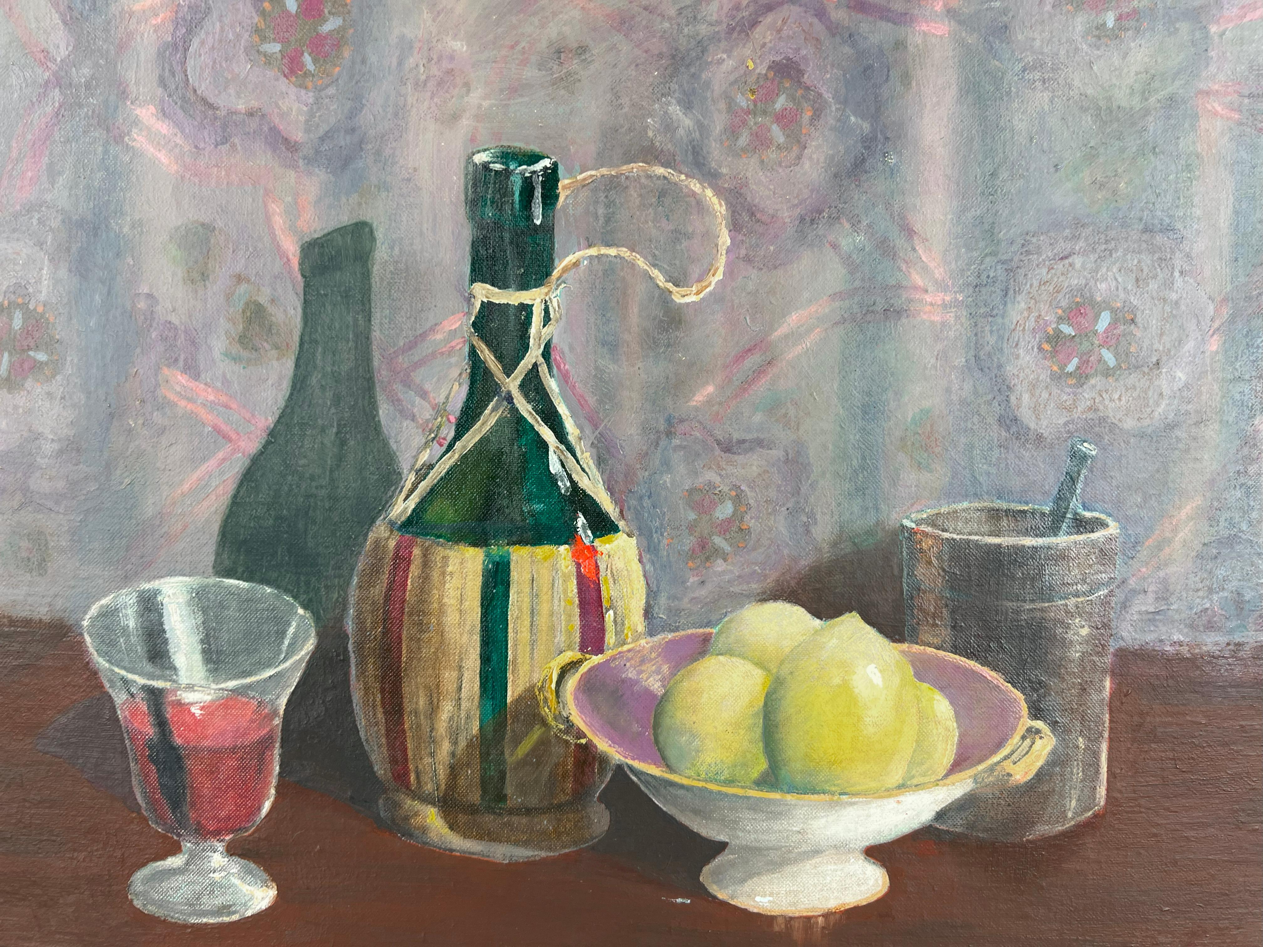 Still Life with Lemons and Chianti Wine Still life on Canvas and Cardstock For Sale 2