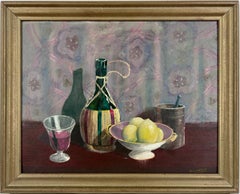 Vintage Still Life with Lemons and Chianti Wine Still life on Canvas and Cardstock
