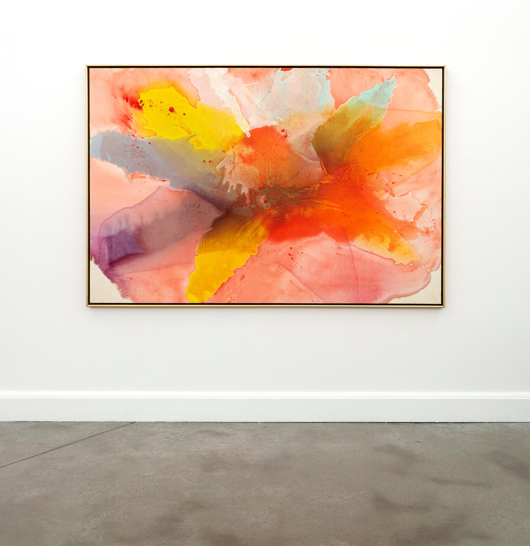 Harold Feist’s gloriously colorful acrylic abstract painting called Chanson radiates joy. Known for his innovative color field work, Feist has chosen a bright rainbow palette in broad gestural strokes of orange, purple, blue, yellow, melon and