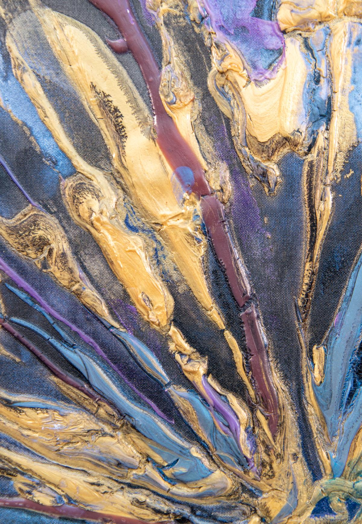 Harold Feist’s Offering is a striking, lush abstract painting rendered in rich colours. The fan-like form radiates from the base of the canvas in golden hues, burgundy, blues, and purple against a dark canvas. Feist was known for his intuitive use