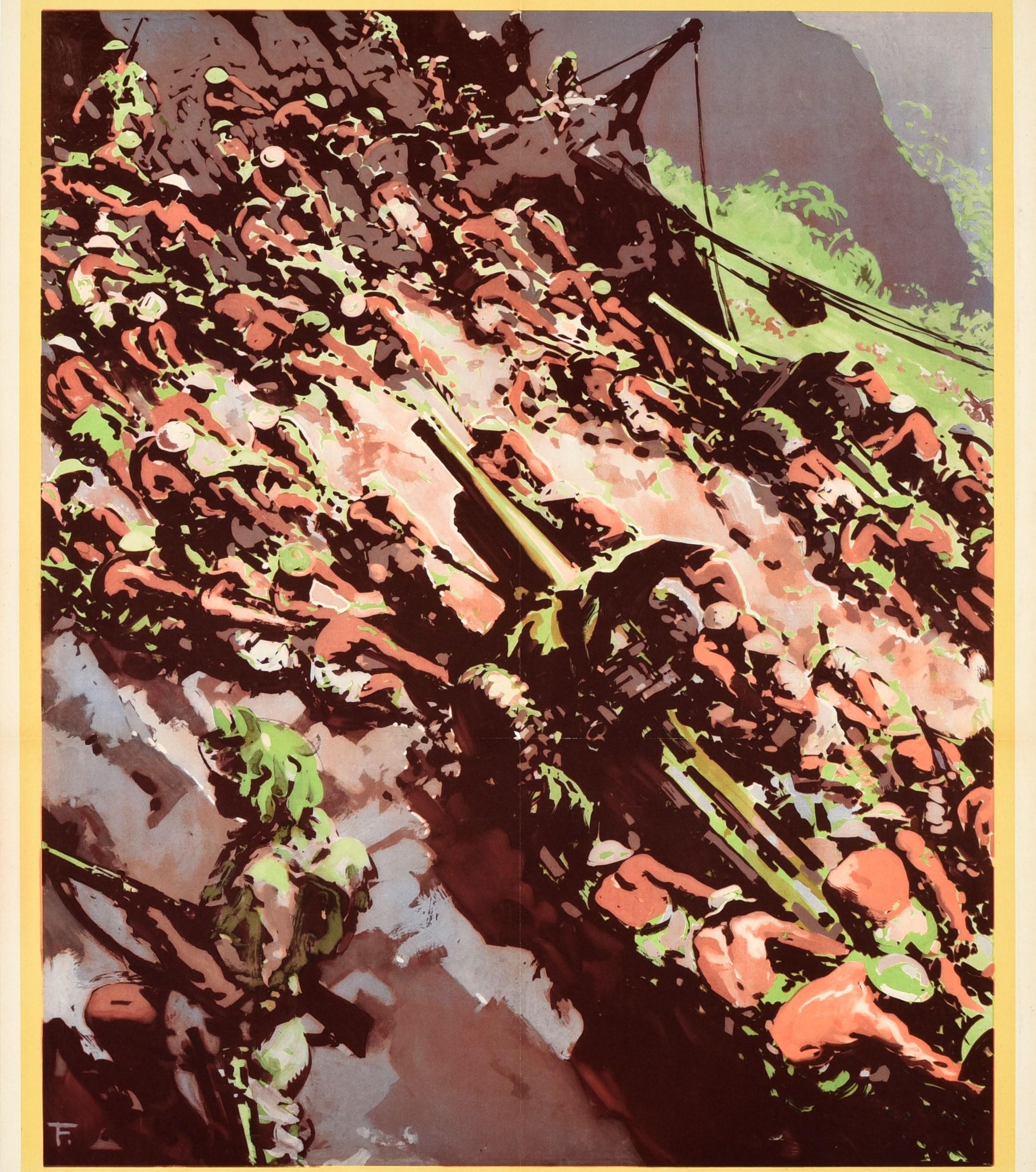 Originalplakat aus dem Zweiten Weltkrieg - The Attack Begins in the Factory - zeigt Soldaten, die im Dschungel von Papua-Neuguinea zusammenarbeiten, um schwere Artilleriegeschütze mit Seilen und Rollen einen Berg hinaufzuziehen, mit der