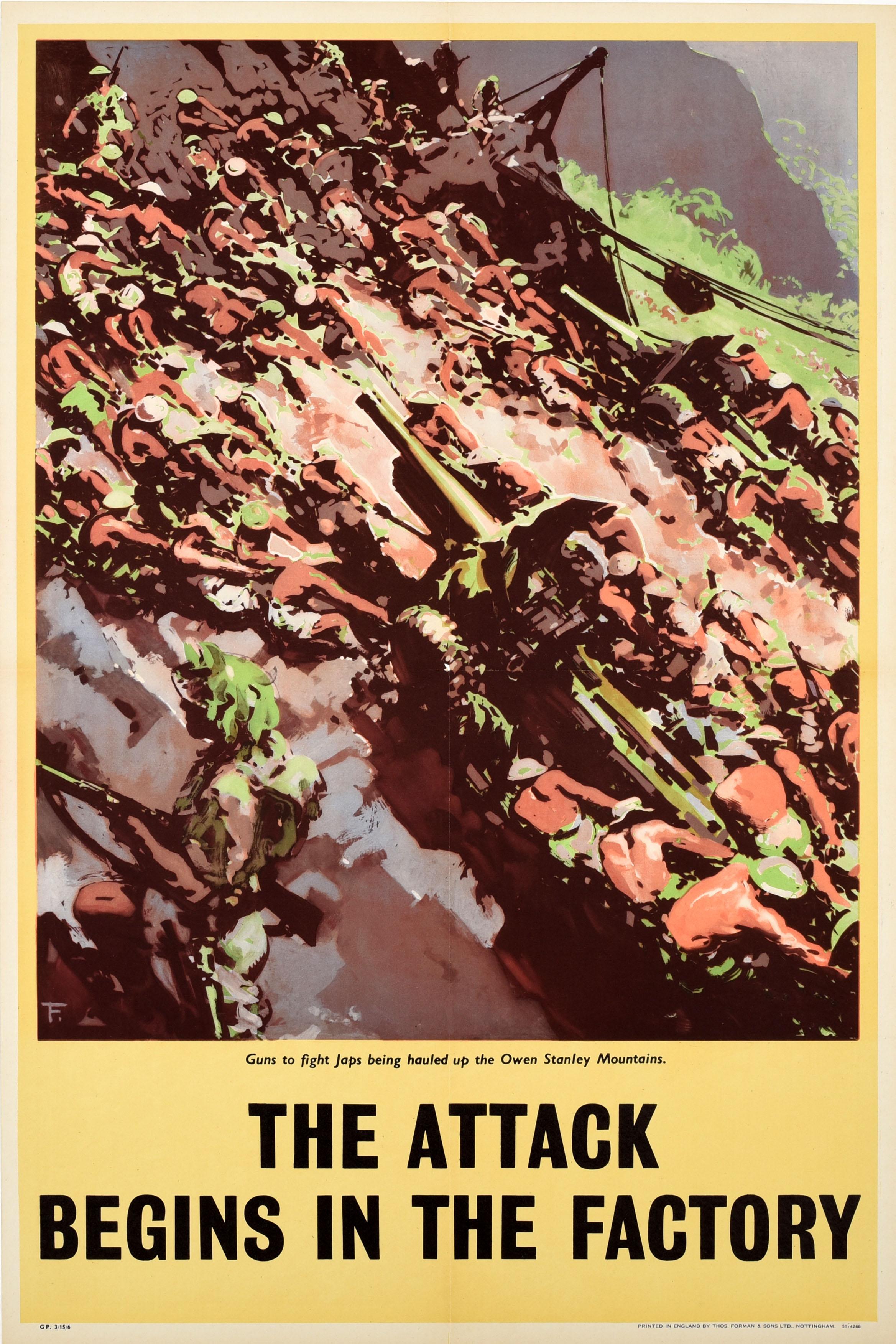 Harold Forster Print – Original Vintage-WWII-Poster, Angriffsfabrik, Owen Stanley Mountains, Pazifikkrieg
